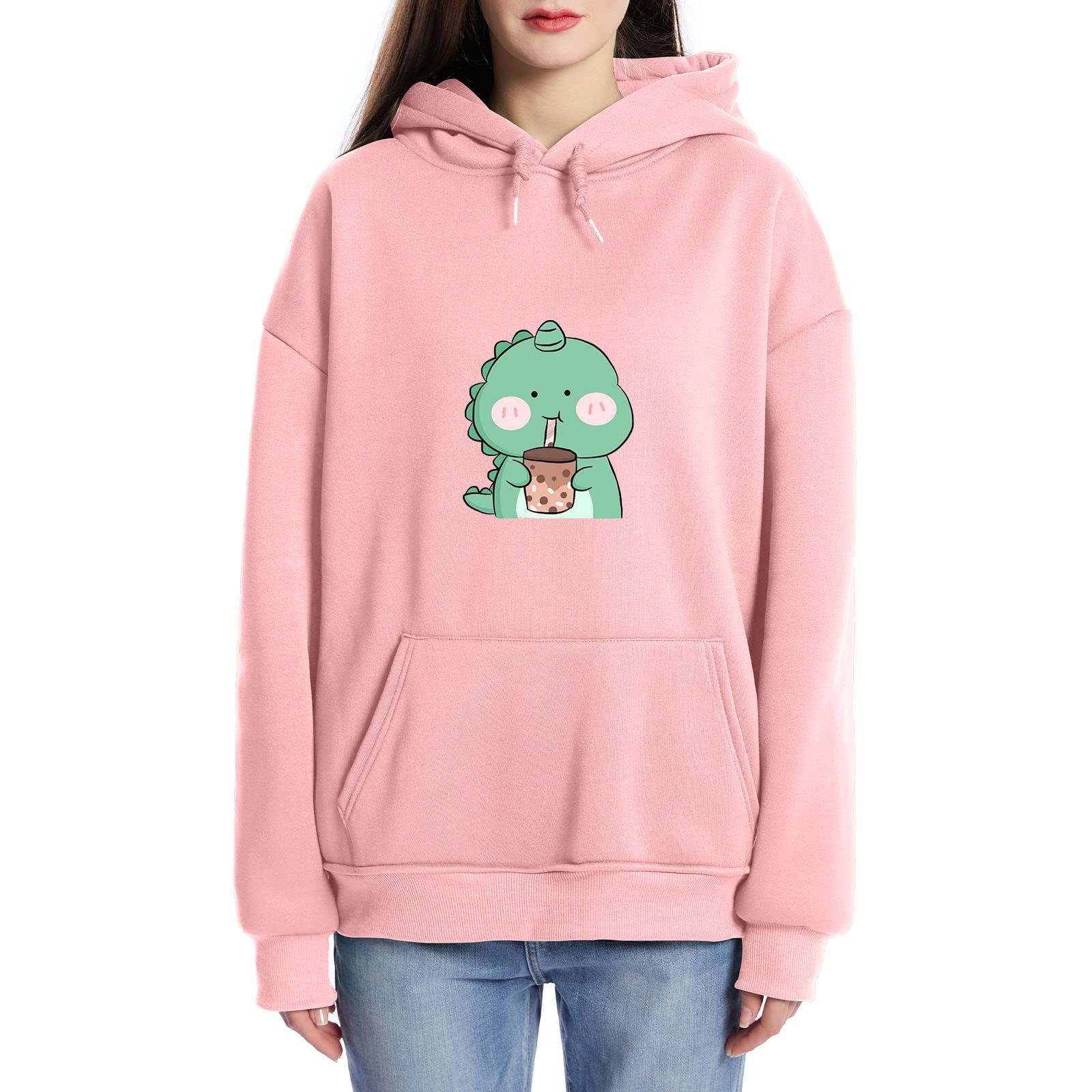 Women's Cute Cartoon Dinosaur Print Long Sleeve Hooded Sweatshirt - Casual Pullover with Drawstring & Pocket - Perfect for Everyday Wear, School, and Outdoor Activities