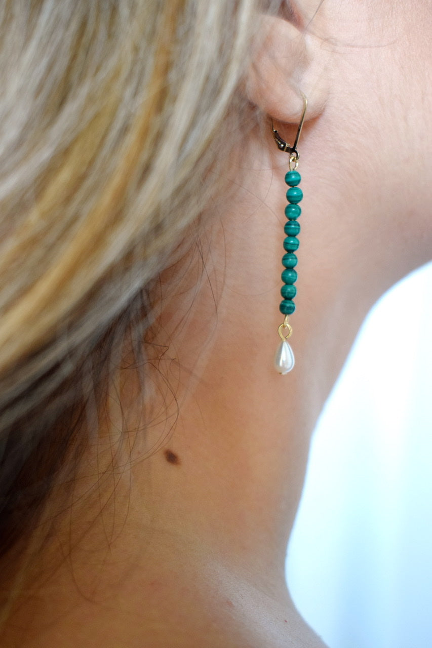 Penelope Malachite and Pearl Ithaca Earrings - Elegant Dangle Earrings for Women, Green Gemstone Pearl Jewelry - Perfect for Parties, Weddings & Special Occasions