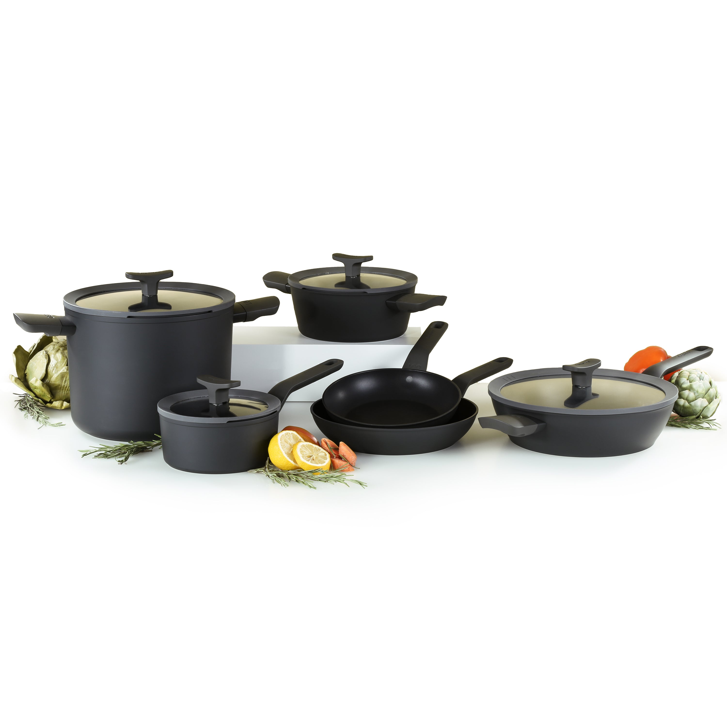 BergHOFF Leo 10-Piece Nonstick Ceramic Cookware Set with Glass Lids - Black | Eco-Friendly Kitchen Essentials for Frying, Sautéing & Cooking | Perfect for Gas, Electric & Induction Stoves