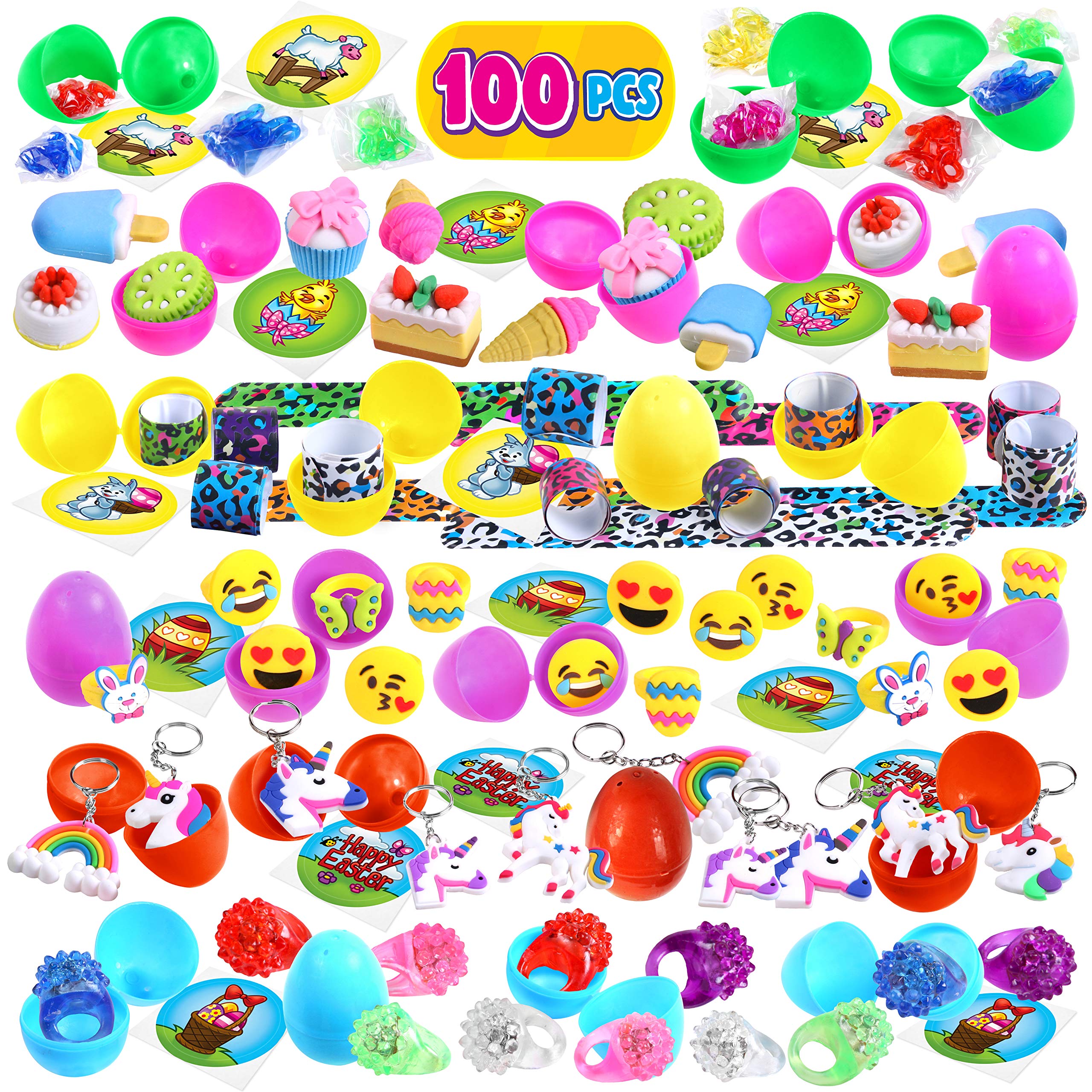 Giraffe Premium Prefilled Easter Eggs for Kids - 100-Pack Bulk Fun Filled Eggs with Slap Bracelets, Sticky Hands, Stickers & Light Up Rings - Perfect for Easter Egg Hunts, Birthday Party Favors & Classroom Rewards