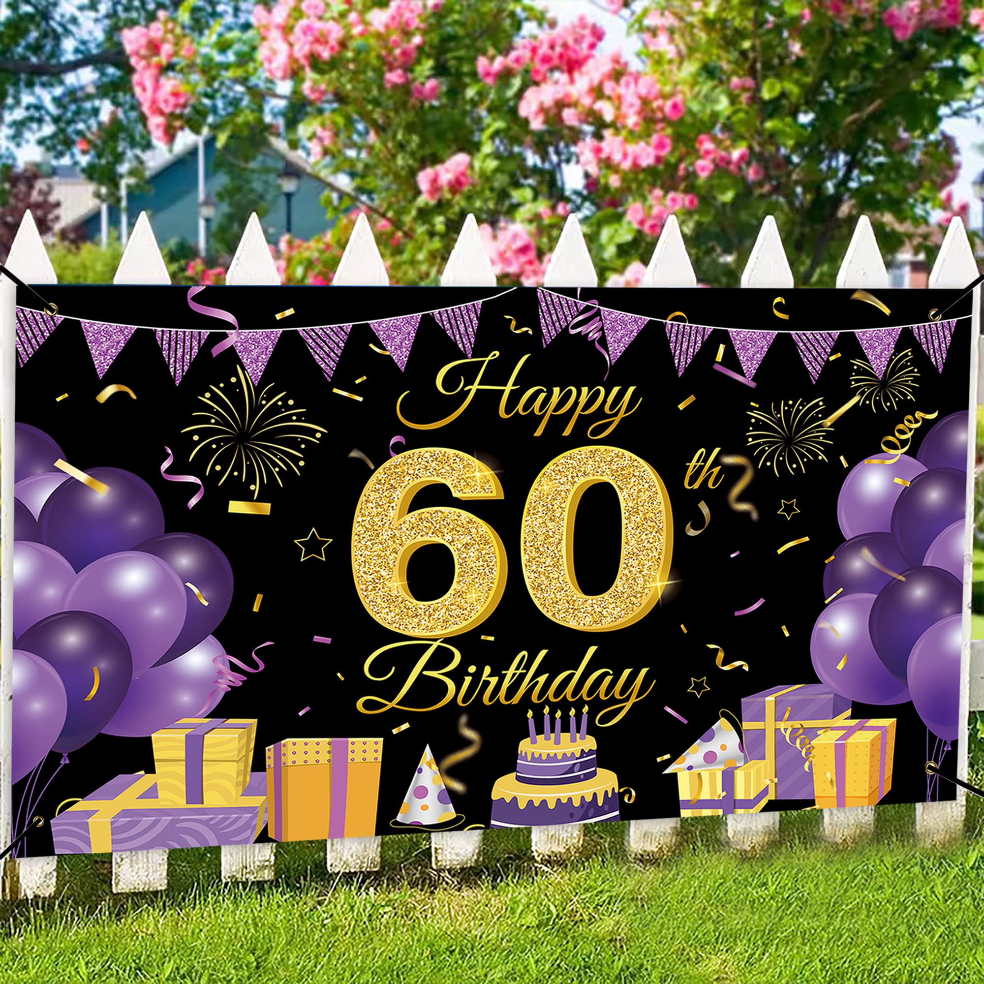 Happy 60th Birthday Backdrop Banner - 70.86” x 43.3” Purple & Black Party Decor - Cheers to 60 Years Photo Booth Props, Yard Sign & Balloon Decorations - Perfect for Birthday Parties, Anniversary Celebrations & Photo Backdrops
