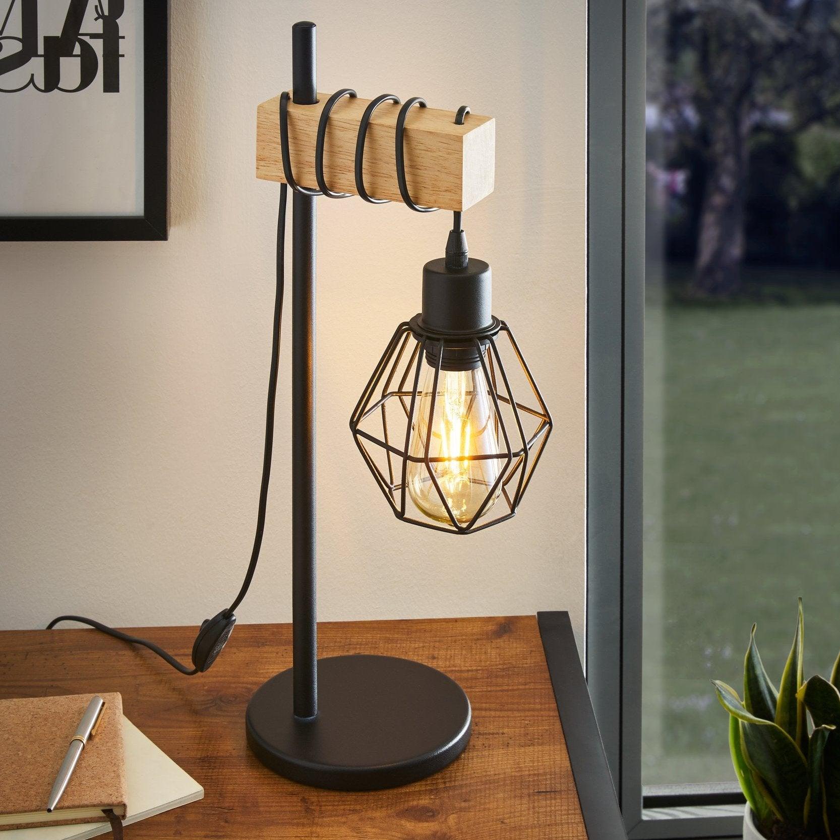 Eglo Townshend 5 Black Metal & Wood Table Lamp - Modern Desk Lamp for Living Room, Bedroom & Office - Stylish Lighting for Home Decor & Workspace