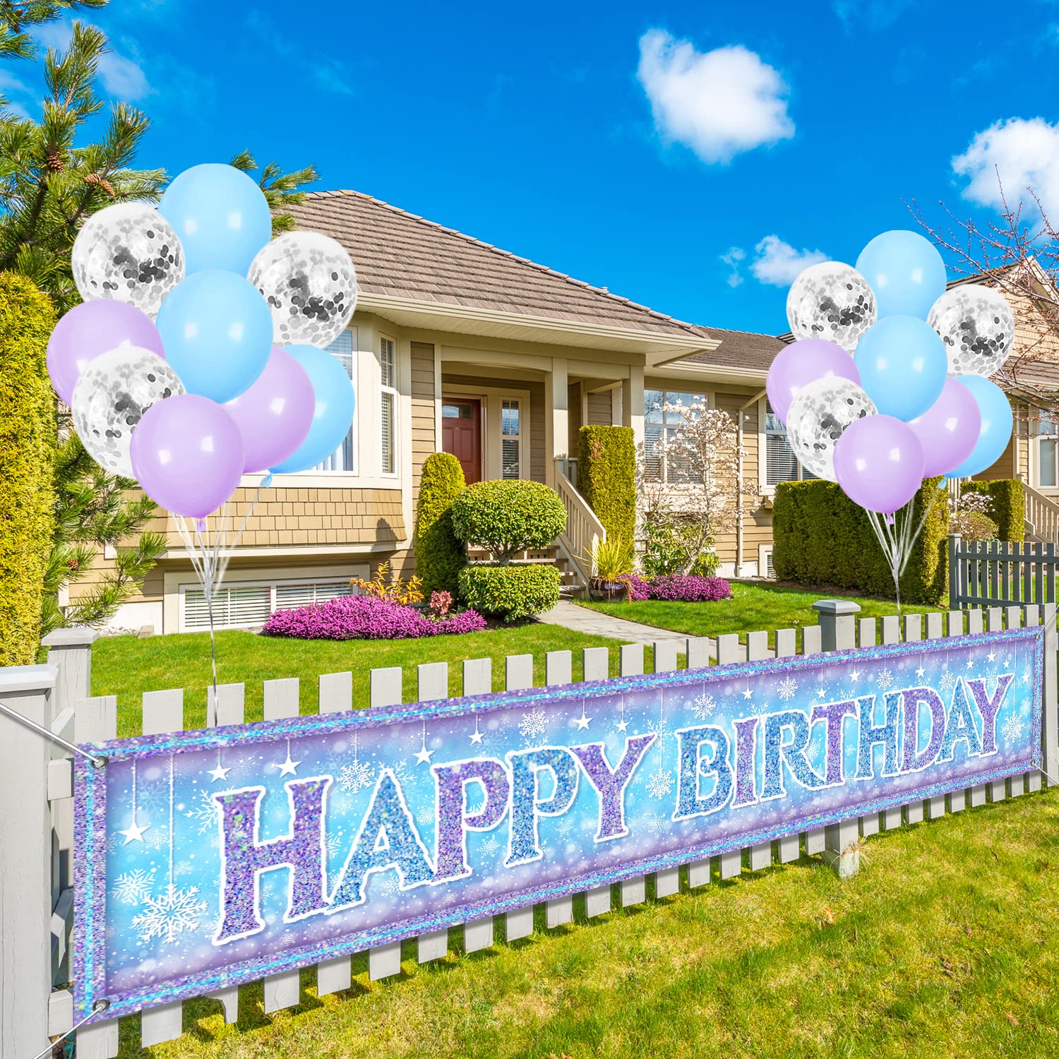 Large Christmas Snowflake Happy Birthday Banner - 18-Piece Snowflake Birthday Party Supplies with Balloons, Elsa & Anna Backdrop, Princess Theme Decor for Girls' Birthday Party | Perfect for Indoor & Outdoor Celebrations, Yard Signs, Frozen-Themed Events