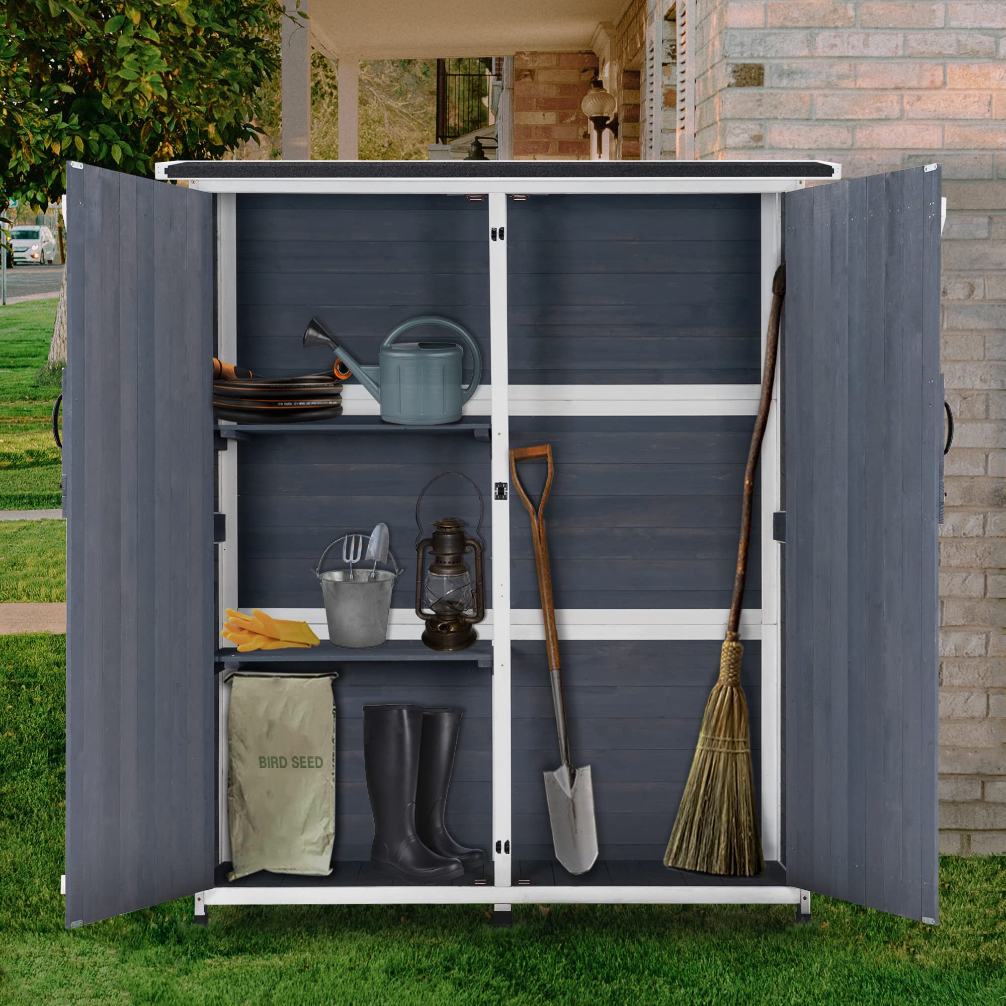 MCombo Wood Outdoor Storage Cabinet with Shelves & Lockable Doors for Garden, Patio, Lawn