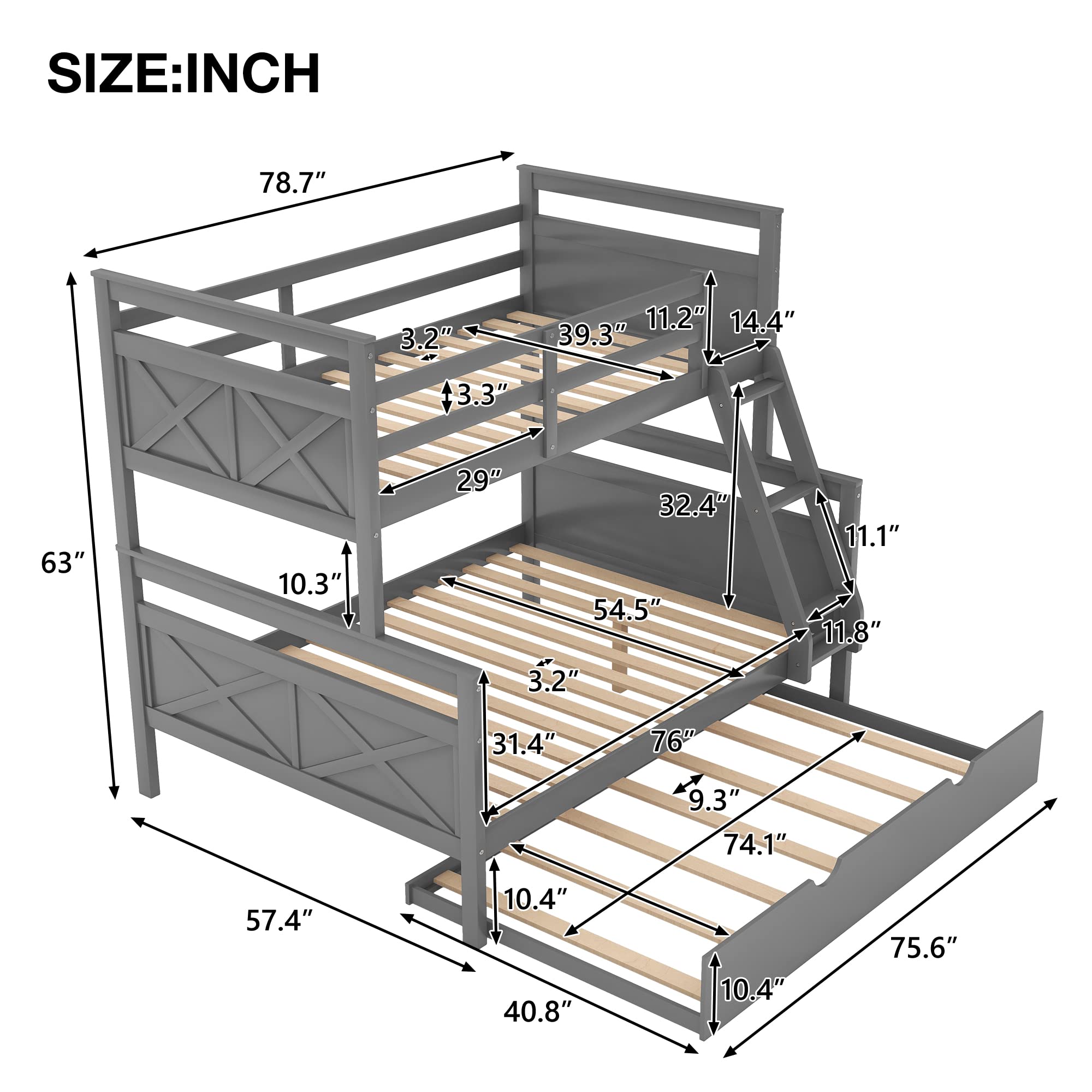 Twin Over Full Wood Bunk Bed with Trundle - Sturdy Wooden Bunk Bed Frame with Ladder & Safety Guardrail for Kids, Teens & Adults (Gray) - Perfect for Small Spaces, Guest Rooms & Kids' Bedrooms