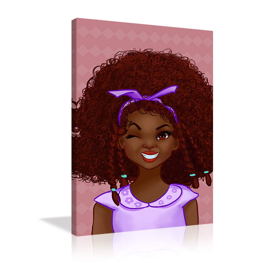 African American Kids Wall Art - Large 1 Panel Black Girl Pink & Grey Painting - Framed Ready to Hang Wall Decor for Living Room & Girls Bedroom - Unique Hippie Style Gift for Home & Office Decor