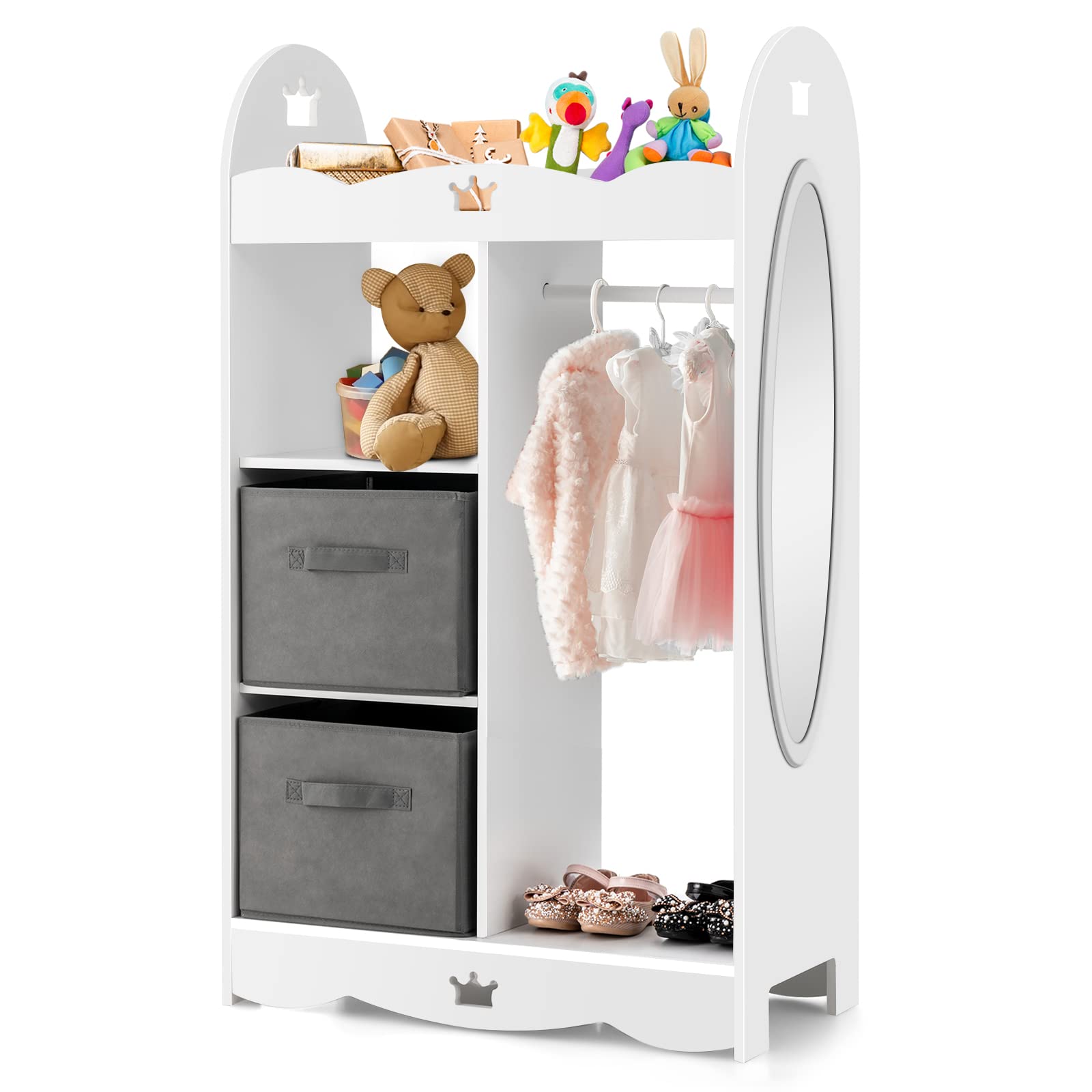 KOTEK Kids Wooden Dress Up Storage Armoire with Mirror, Hanging Rod & 2 Storage Bins - Anti-Tip Toddler Wardrobe Closet for Ages 3-7 | Perfect for Bedroom, Playroom & Kids Room Organization | Great for Pretend Play, Costume Storage & Daily Outfit Selection