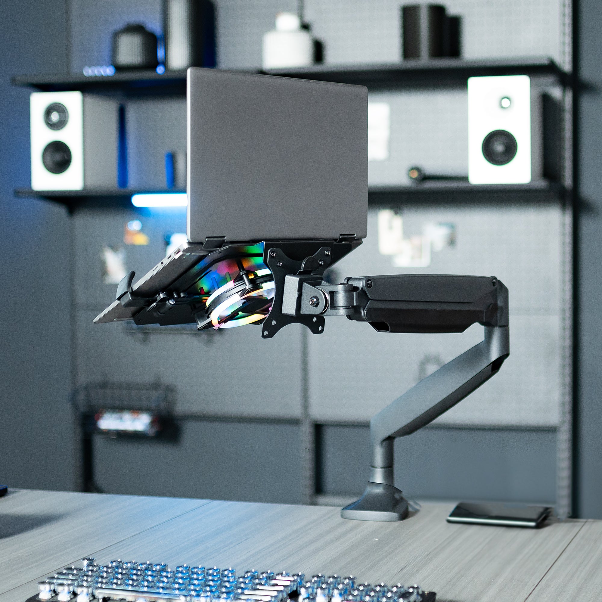 VESA Compatible Laptop Tray with RGB Cooling Fan - Adjustable Computer Mount for Gaming & Office Setup