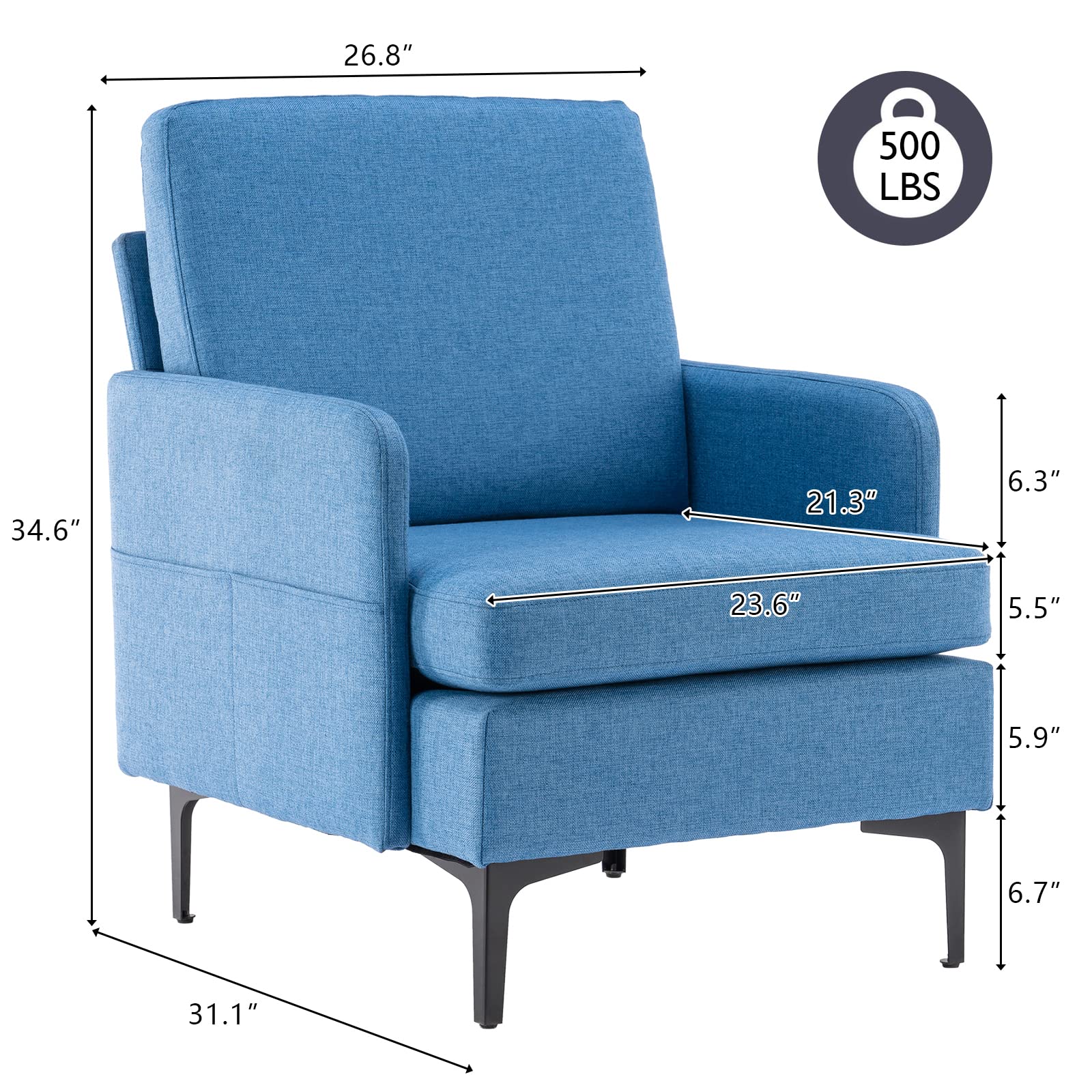 HomVent Upholstered Armchair with Slope Back & Black Metal Legs - Linen Fabric Living Room Chair with Padded Seat Cushion - Perfect for Lounge, Reading Nook & Home Office Decor