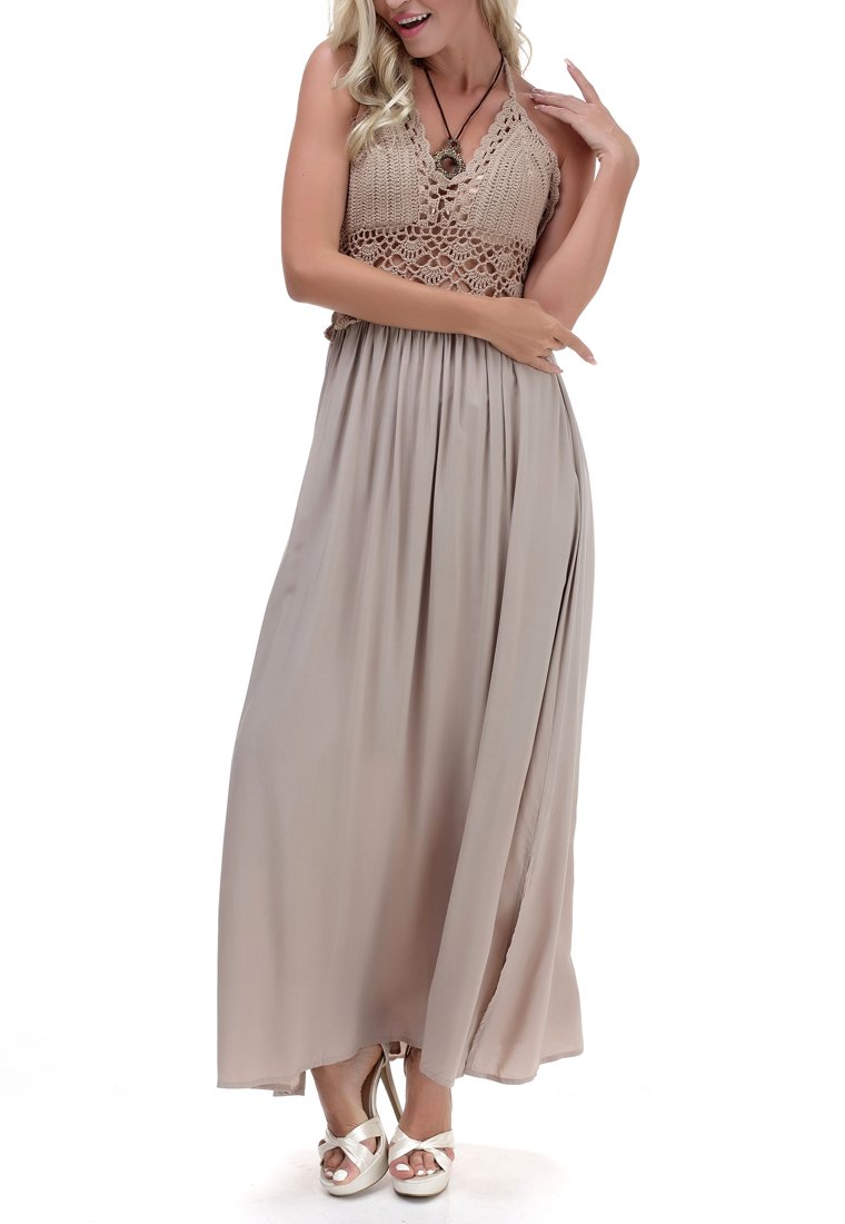 LILBETTER Women's Bohemian Crochet Backless Halter Maxi Dress - Flowy Beach Cover Up, Summer Vacation, Pool Party, Boho Festival Outfit