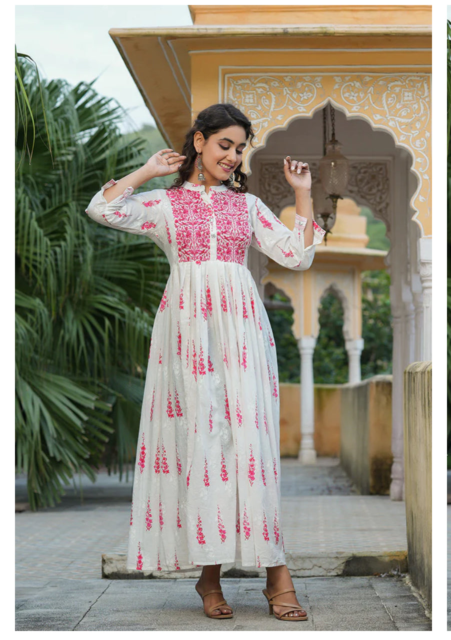 Stylish Off White Cotton Anarkali Kurti for Women - Elegant Indian Ethnic Wear for Festivals, Weddings & Special Occasions