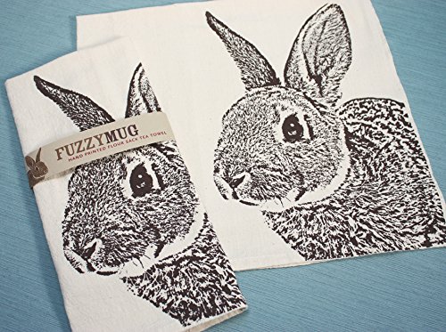 Hand-Printed Brown Bunny Rabbit Tea Towel - 100% Cotton Flour Sack Kitchen Towel for Baking, Dish Drying & Farmhouse Decor