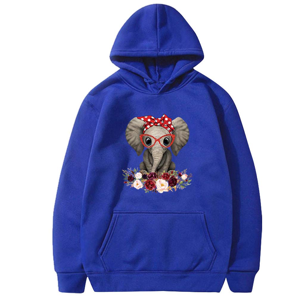 Women's Casual Loose Hoodie Pullover with Elephant Print - Long Sleeve Round Neck Blouse for Everyday Wear, Street Style & Lounge Comfort