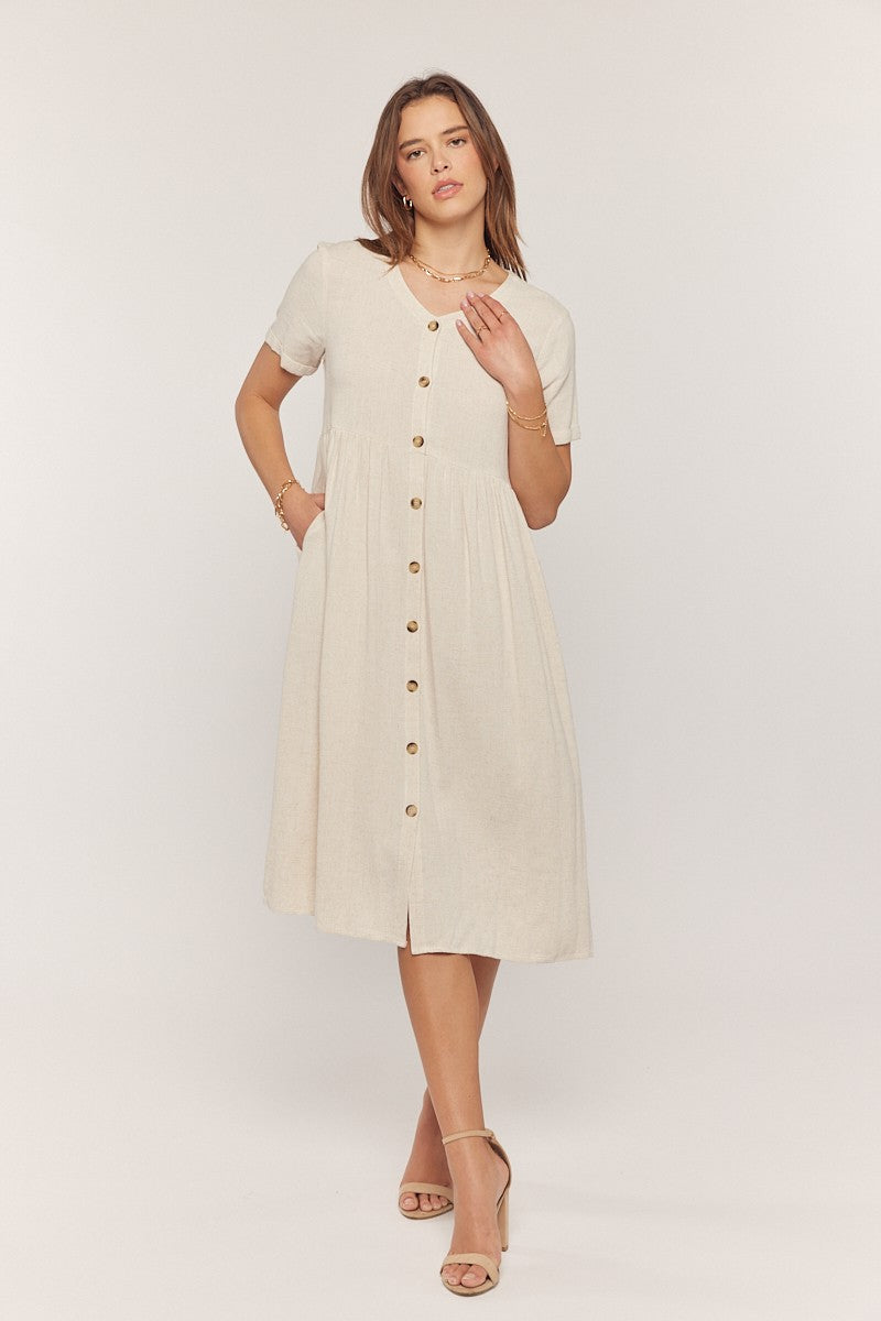 Beige Button Down Maternity Midi Dress for Women - Comfortable Pregnancy Outfit for Work, Church & Special Occasions