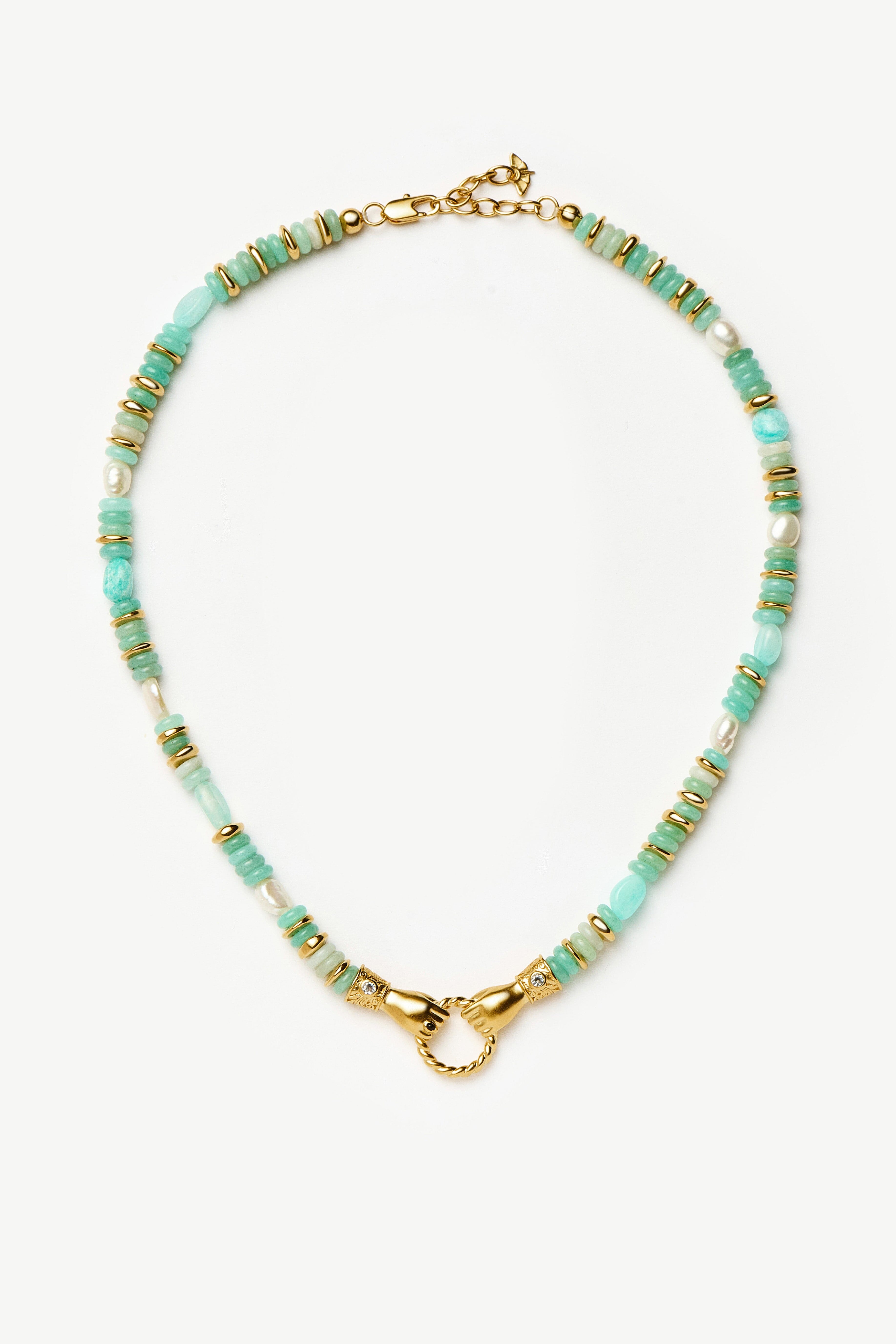 Harris Reed Chunky Beaded Gemstone Necklace - 18k Gold Plated Multi Amazonite & Pearl Statement Jewelry for Women | Elegant Gift for Birthday, Anniversary & Special Occasions | Boho Chic Fashion Accessory