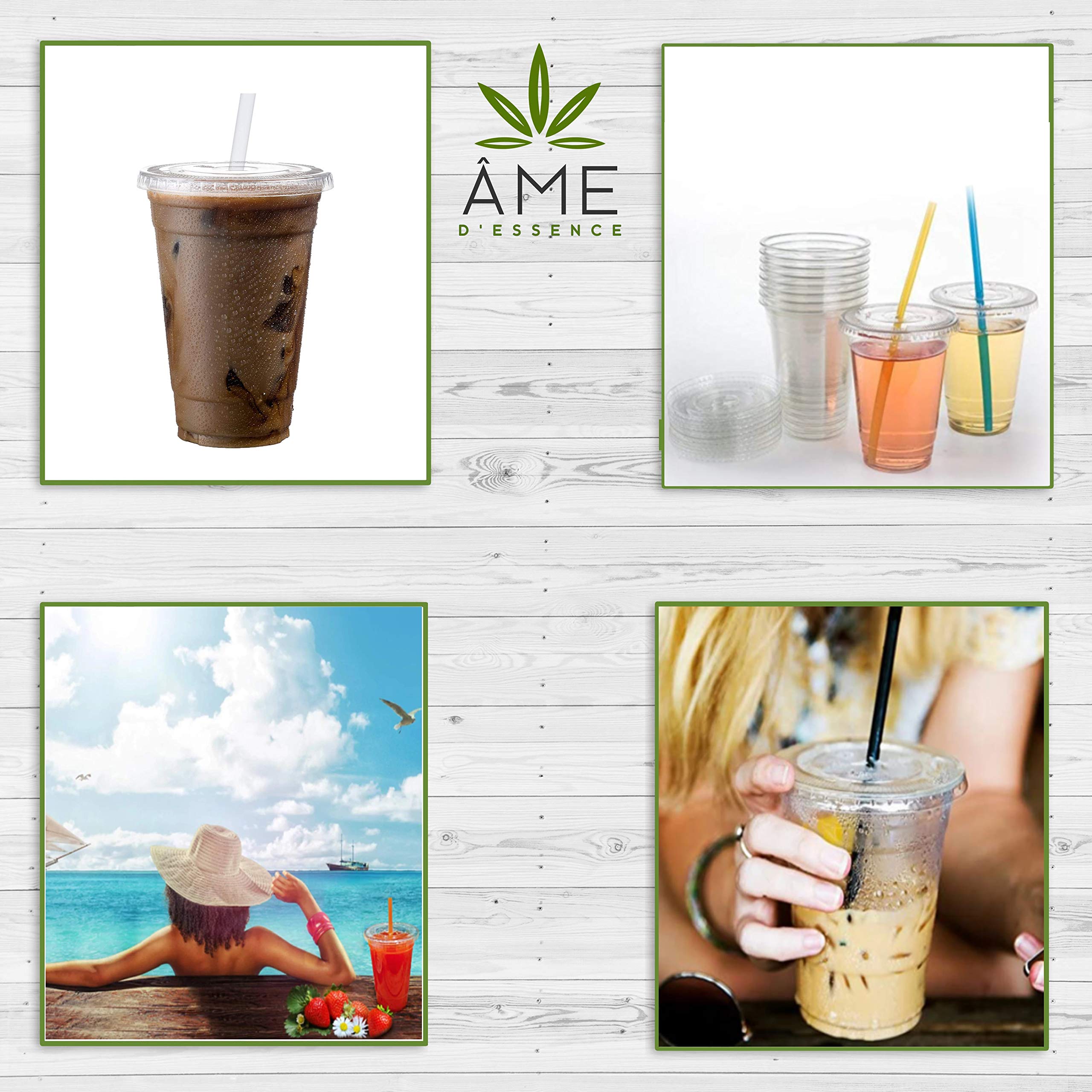 100-Pack AME D'ESSENCE 24oz Disposable Clear Plastic Cups with Flat Lids & Bonus Straws - Ideal for Iced Coffee, Parties, and Beverage Service (50 Cups + 50 Lids)