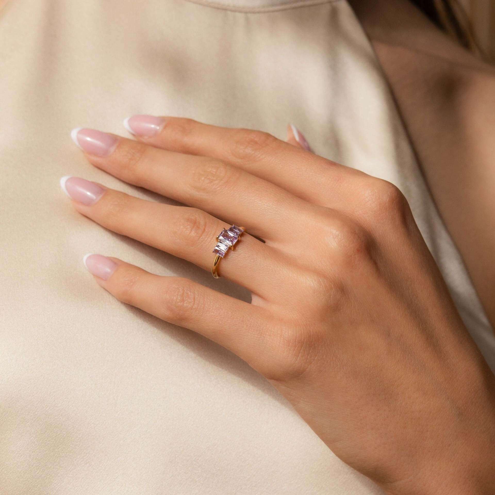 Dainty Baguette Birthstone Row Band Ring | JPF01 | Elegant Stackable Jewelry for Women | Perfect for Birthdays, Anniversaries & Everyday Wear