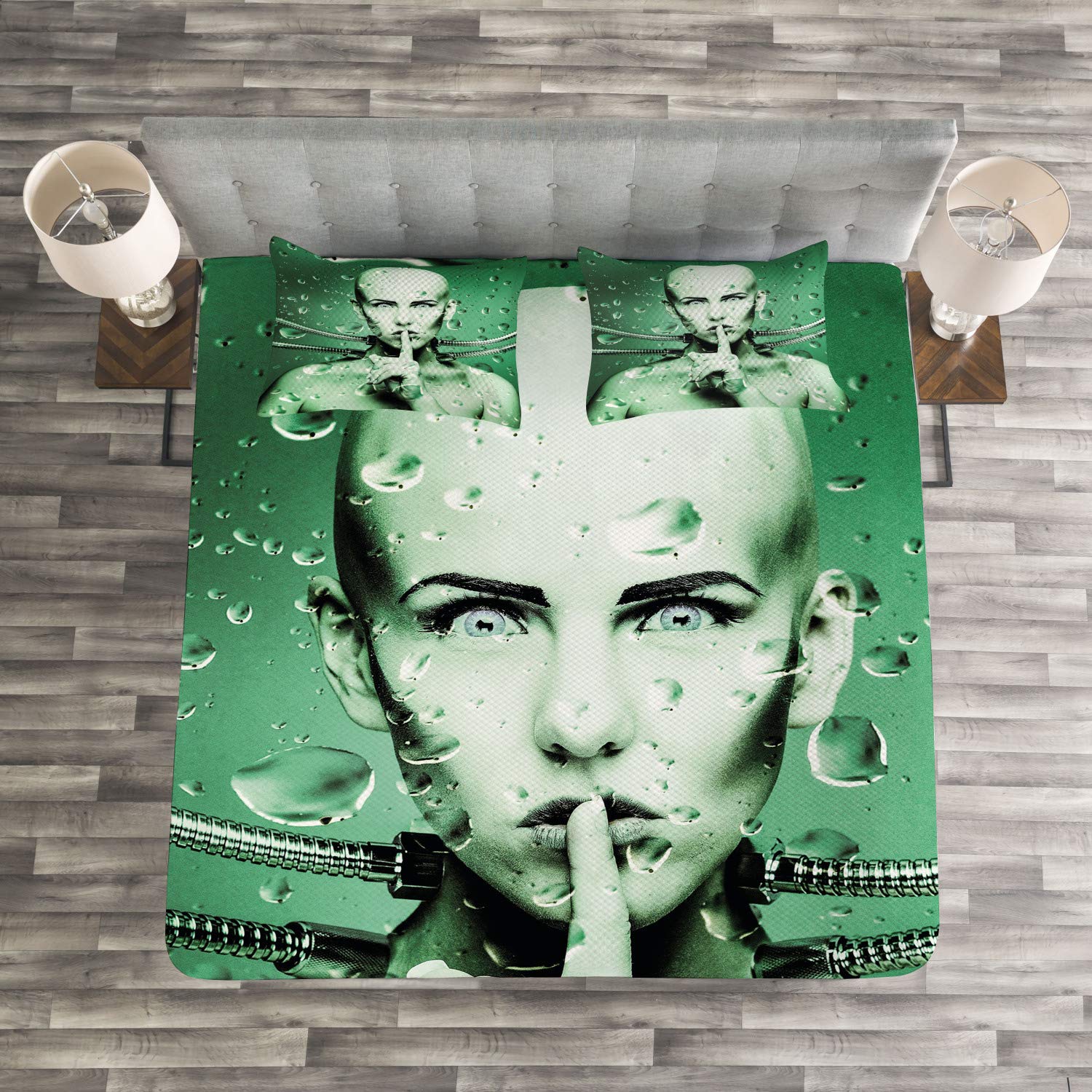 Ambesonne Futuristic Robot Girl with Cables Underwater Design 3-Piece Bedspread Set - King Size Green Bedding Coverlet & 2 Pillow Shams | Modern Sci-Fi Home Decor for Teen & Adult Bedrooms