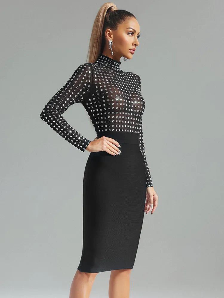 Sexy Black Rhinestone Turtleneck Bandage Dress for Women - Elegant Midi Bodycon Club Party Dress - Perfect for Evening Events, Night Out & Celebrity Inspired Outfits