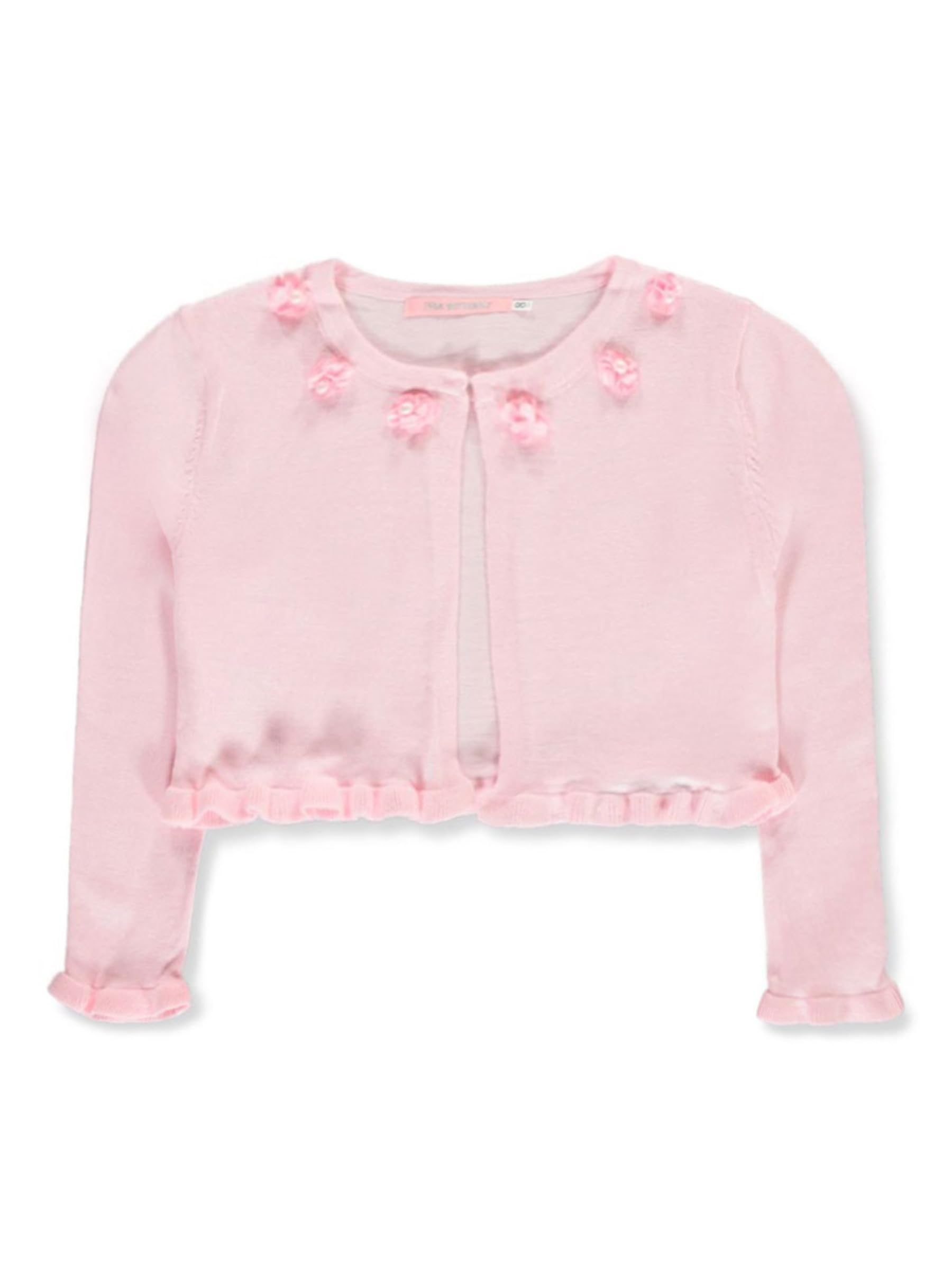 Pink Butterfly Girls' Flower and Pearl Knit Shrug Cardigan - Elegant Lace Trim Spring Summer Cover Up for Weddings, Parties, and Photo Shoots