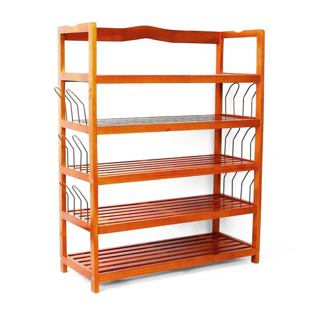 5-Tier Wooden Shoe Rack Organizer - Free Standing Entryway Shoe Shelf with 6 Metal Hooks for Hallway, Living Room & Bathroom Storage - Perfect for Small Spaces & Closet Organization