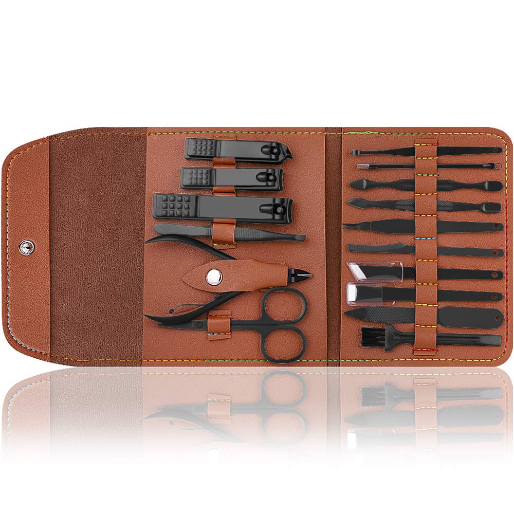 Premium Stainless Steel Nail Clipper Set - 16PCS Manicure Pedicure Kit with Nail Cutter, Scissors, Files & Leather Case for Home, Travel & Salon Use - Ideal Gift for Women & Men