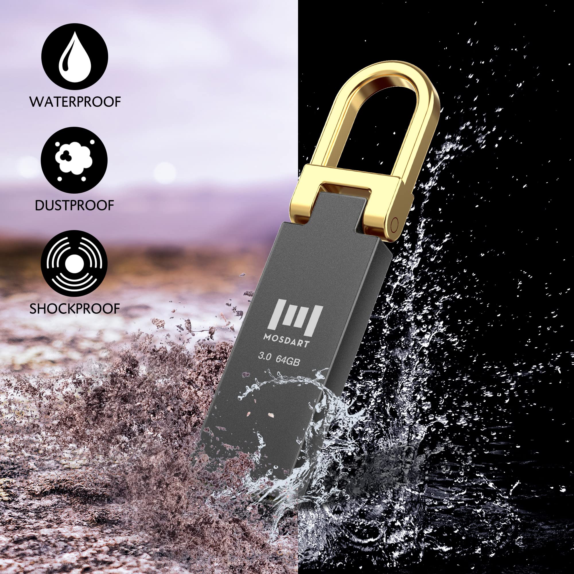 MOSDART 64GB Waterproof USB 3.0 Flash Drive - High Speed 90MB/s, Metal Keychain Memory Stick with exFAT Format - Perfect for System Backup, Data Storage, File Transfer (3-Pack, Black) - Ideal for Office, School, Travel & Outdoor Use
