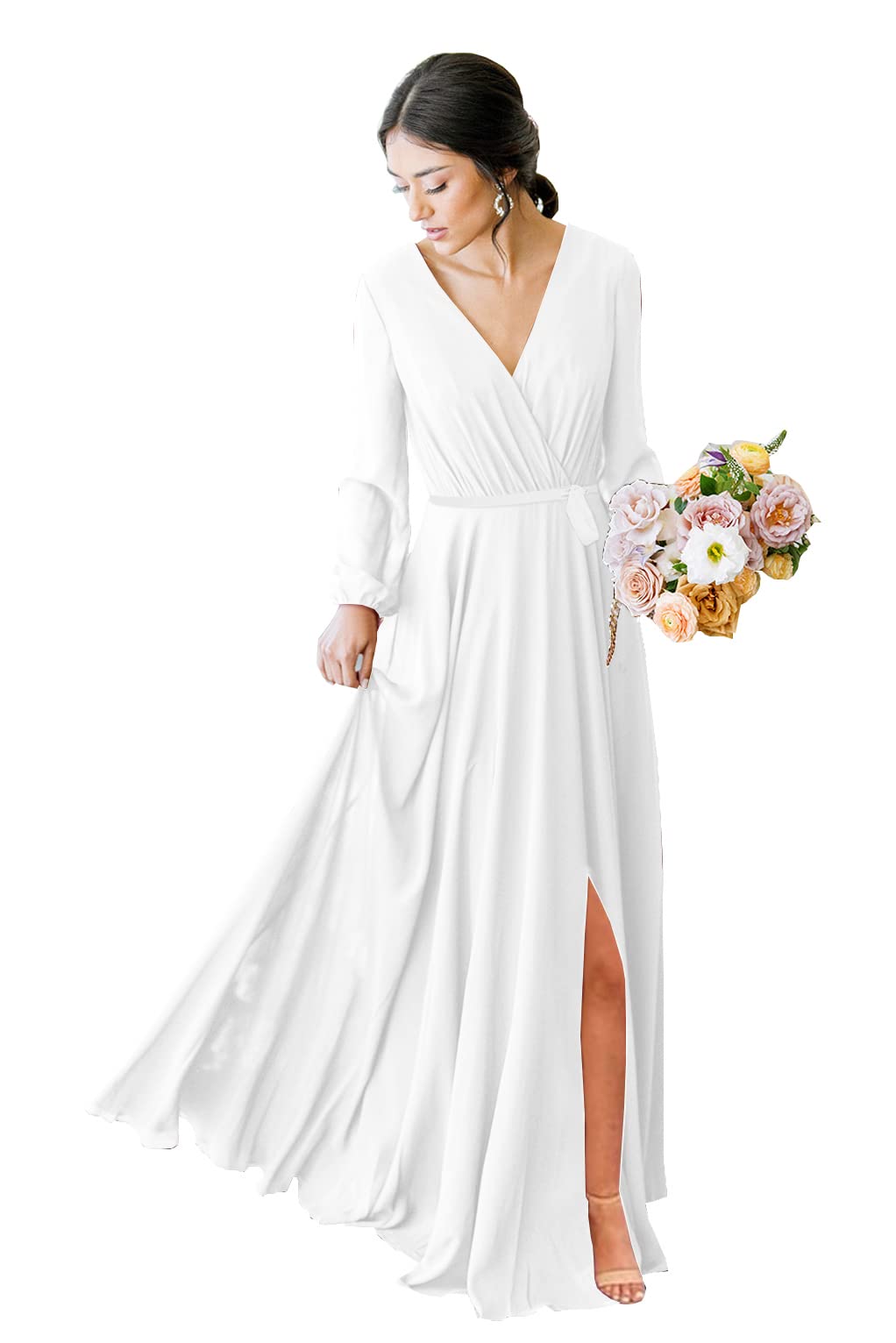 Elegant POMUYOO Women's V-Neck Long Sleeve Chiffon Bridesmaid Dress - Faux-Wrap Formal Prom Gown with Side Slit | Perfect for Weddings, Parties & Special Occasions