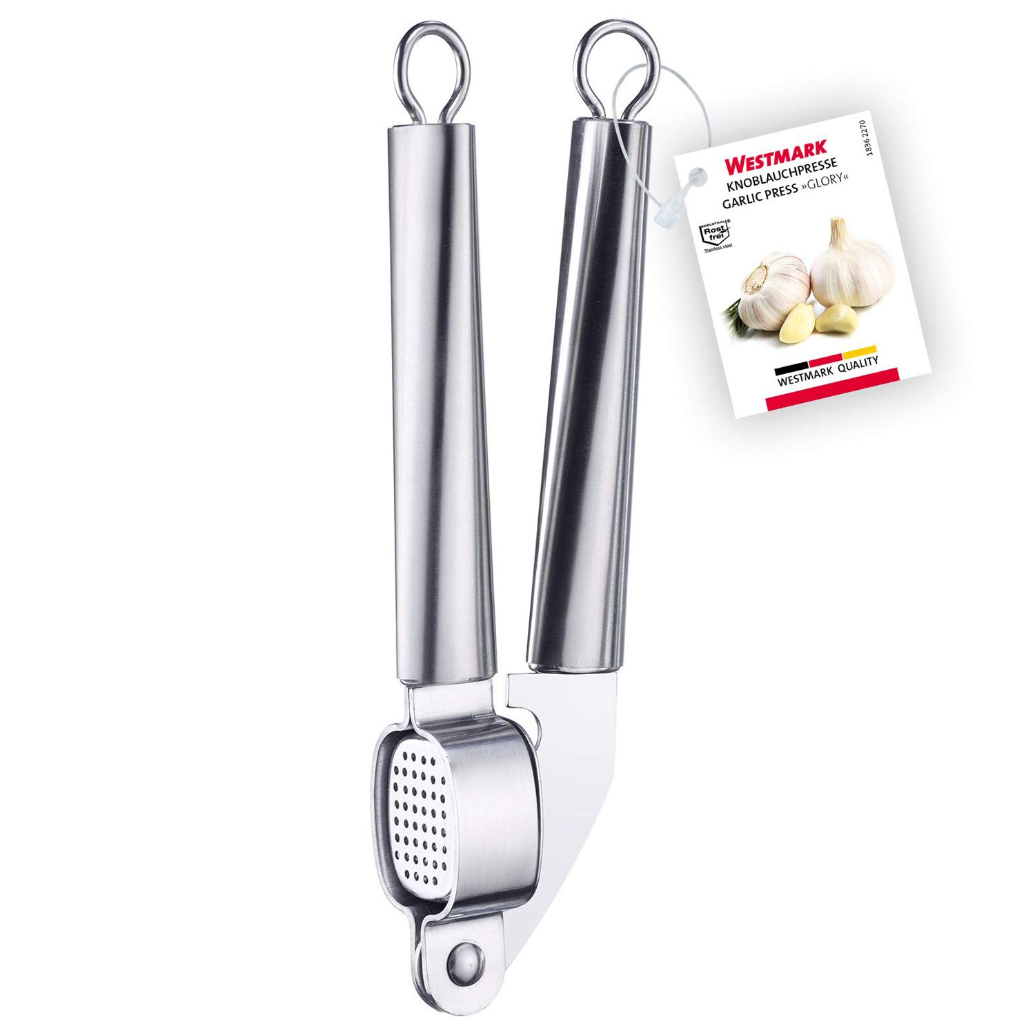 Westmark 18362270 Premium Stainless Steel Garlic Press - Effortless Crushing, Easy to Clean, Rust-Resistant (Silver/Gray) - Perfect for Cooking, Meal Prep & Garlic Lovers
