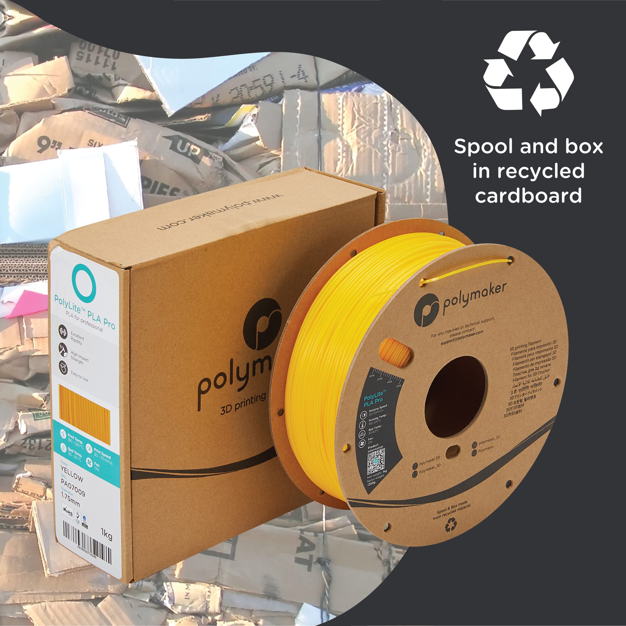 Polymaker PLA PRO Filament 1.75mm Yellow - High Strength 3D Printer Filament 1kg Spool | PolyLite PLA PRO Tough & Rigid Filament for 3D Printing | Ideal for Functional Prototypes, DIY Projects & Cosplay Props