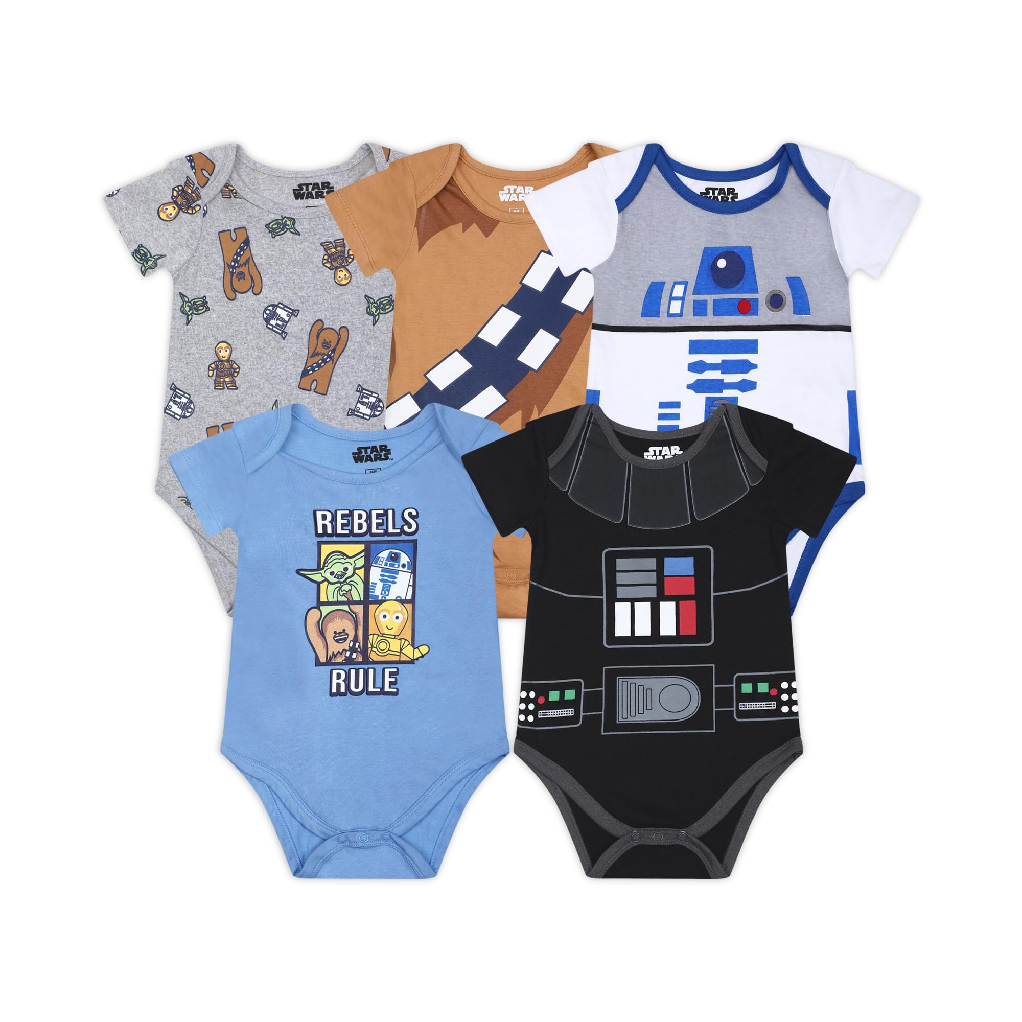 Star Wars Baby Boys' 5-Pack Bodysuit Costume Set - Blue, Grey, Brown, Black & White | Cute Infant Outfits for Halloween, Cosplay & Photo Shoots