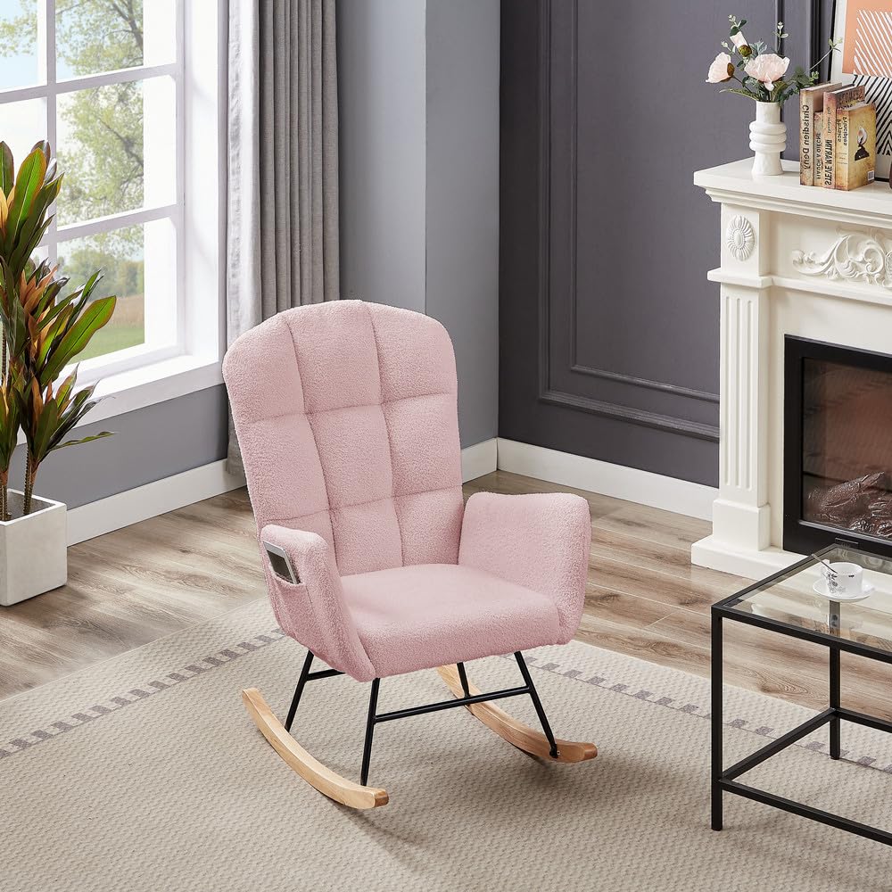 Comfortable Upholstered Nursery Rocking Chair with High Backrest - Pink Teddy Glider Armchair for Living Room, Bedroom & Office - Perfect for Nursing, Relaxing & Reading