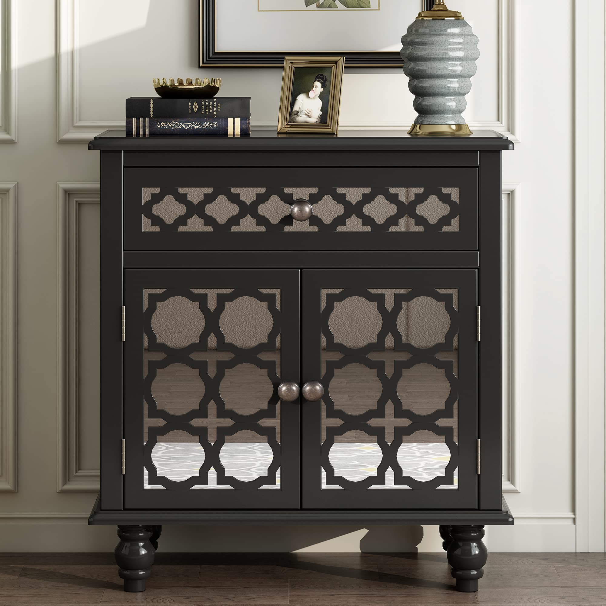 29.5’’ Wooden Accent Storage Cabinet with Decorative Mirror Door & Drawer - Modern Console Table Buffet Sideboard for Hallway, Entryway, Kitchen, Bedroom & Living Room (Black) | Perfect for Home Organization, Entryway Decor & Small Space Storage Solutions