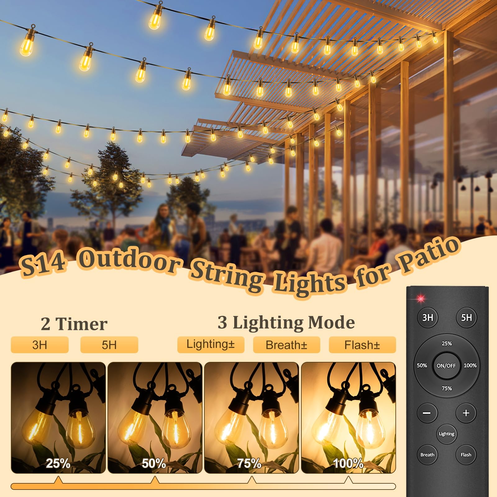 70FT Outdoor String Lights with Remote - Dimmable LED Edison Bulbs, IP65 Waterproof & Shatterproof, 3 Lighting Modes & 2 Timers for Patio, Garden, Porch, Yard, Gazebo, Balcony | Perfect for Backyard Parties, Wedding Decor & Outdoor Dining