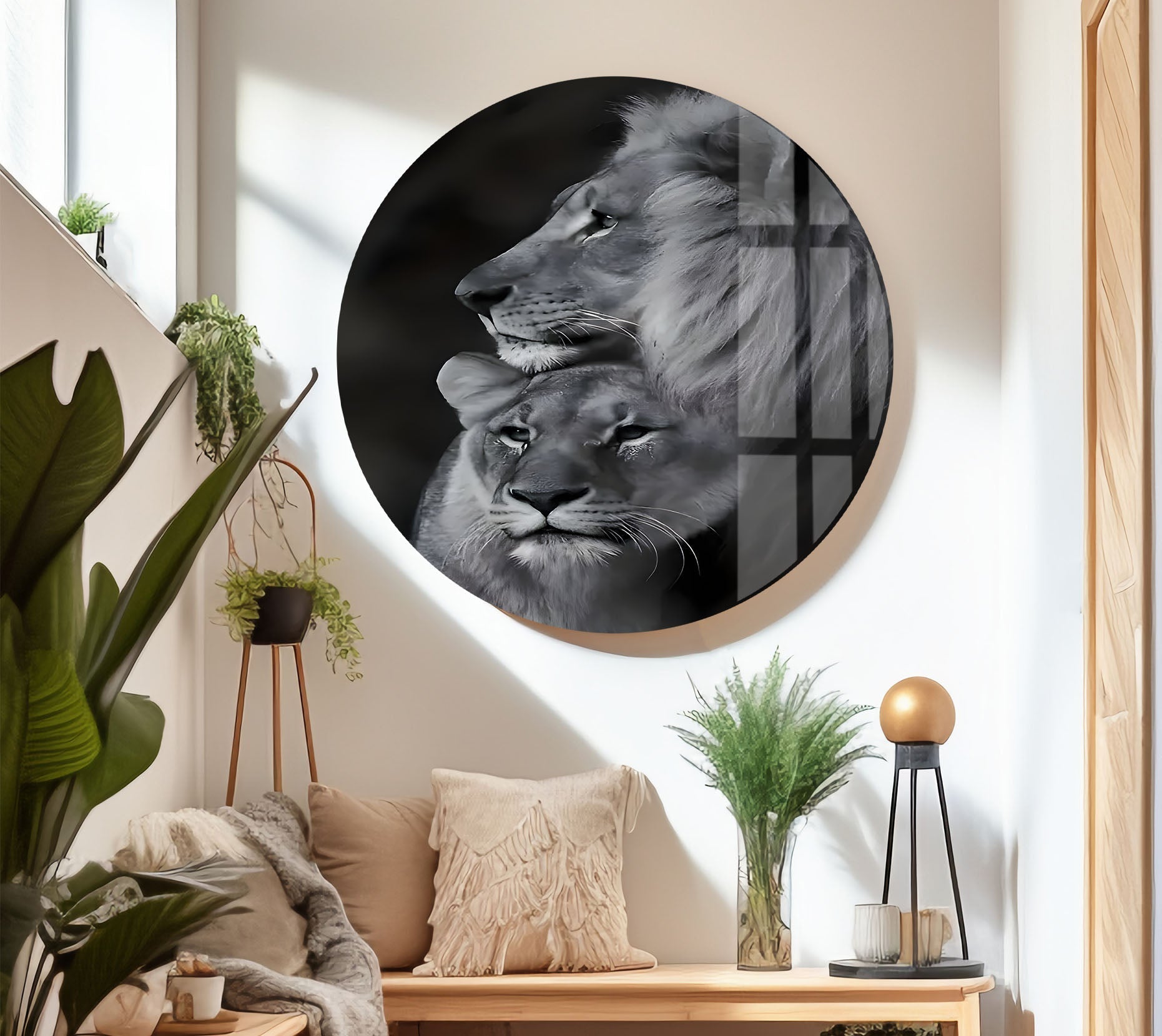 Black & White Lion Family Glass Wall Art - Elegant Home Decor for Living Room, Bedroom & Office - Perfect Gift for Animal Lovers