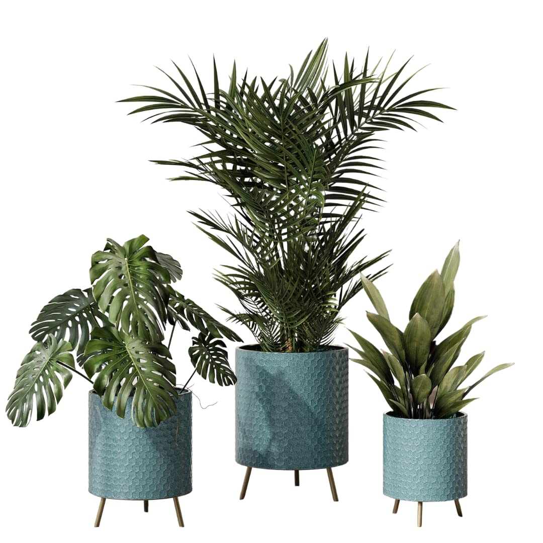EverNest Mid-Century Modern Rhys Honeycomb Embossed Planter Pot with Nyra Gold Stand - Set of 3 Metal Indoor Plant Pots in Blue Green Bohemian Style for Living Room, Office & Home Decor