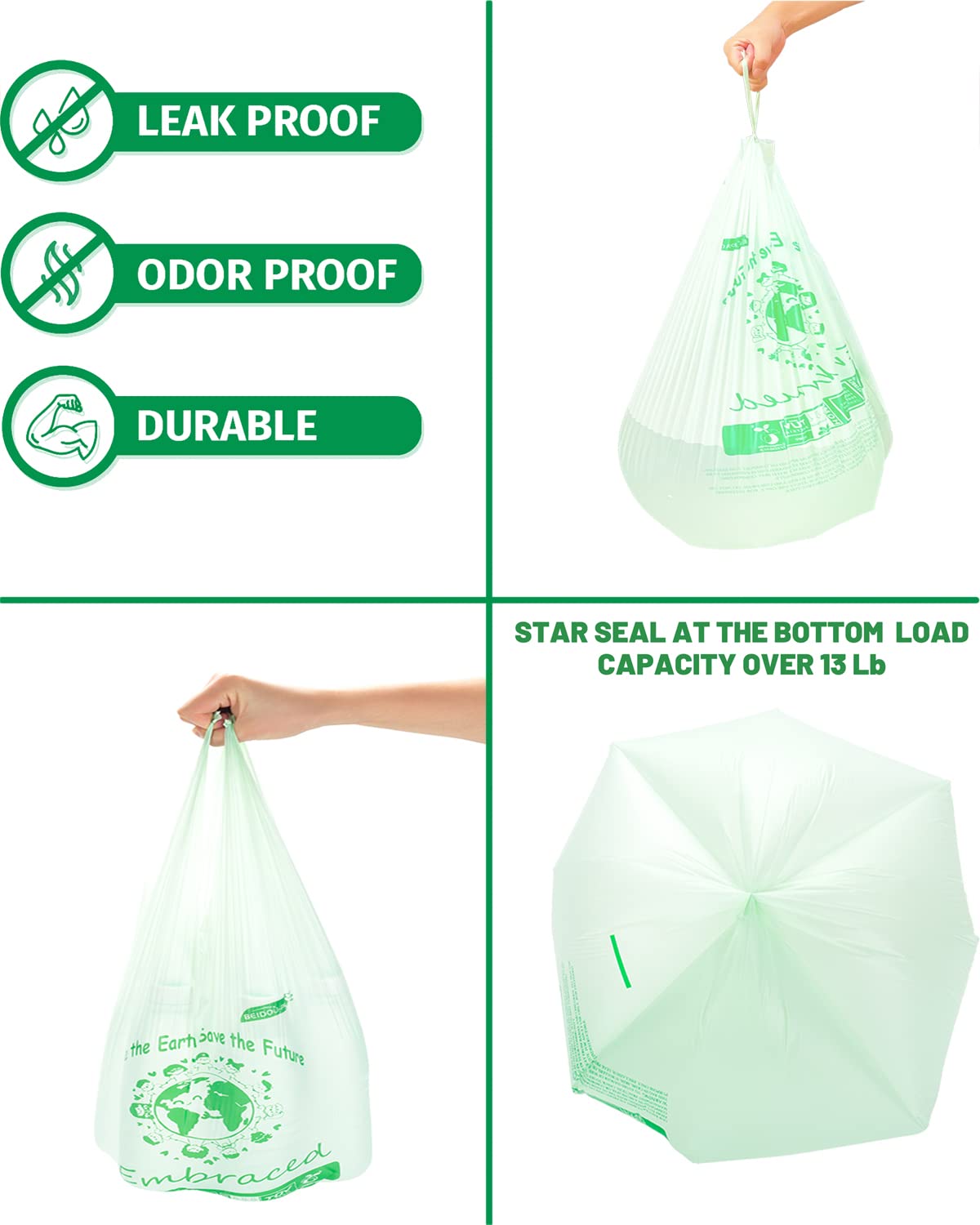 Eco-Friendly 3 Gallon Compostable Trash Bags with Handles - 200 Count Biodegradable Kitchen Waste Bags for Food Scraps & Organic Waste | ASTM D6400 & BPI Certified | Perfect for Home Composting, Kitchen Waste Disposal & Sustainable Living