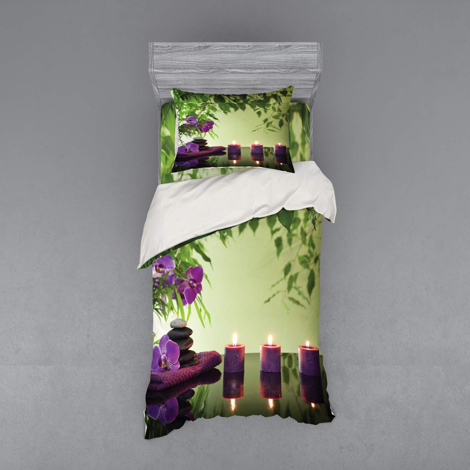 Ambesonne 3-Piece Spa Duvet Cover Set with Sham & Fitted Sheet - Twin XL Size, Fern Green Purple Pale Green Floral Design - Luxury Bedding for Relaxation & Aromatherapy - Perfect for Home Spa Retreats, Guest Rooms & Vacation Vibes