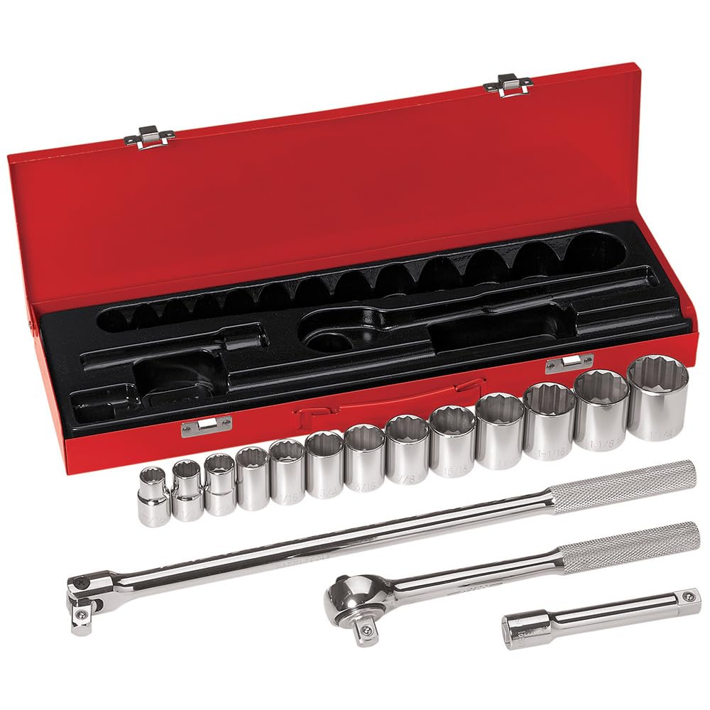 Klein Tools 65512 16-Piece 1/2-Inch Drive Socket Wrench Set with 12-Point SAE Sockets, Extension, Flex Handle & Ratchet - Heavy Duty Mechanics Tool Kit for Automotive Repair, DIY Projects & Home Maintenance
