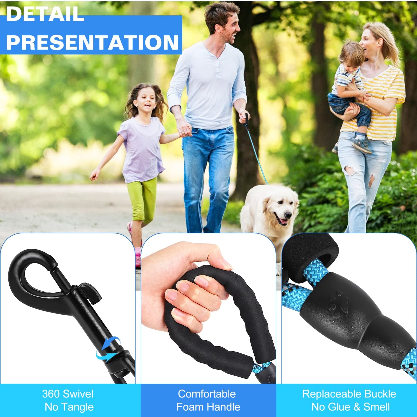 Heavy Duty Dog Leash with Comfortable Padded Handle & Reflective Threads - 4FT Blue Pet Leash for Croatian Sheepdog & Medium Herding Dogs - Perfect for Night Walks, Training & Outdoor Adventures