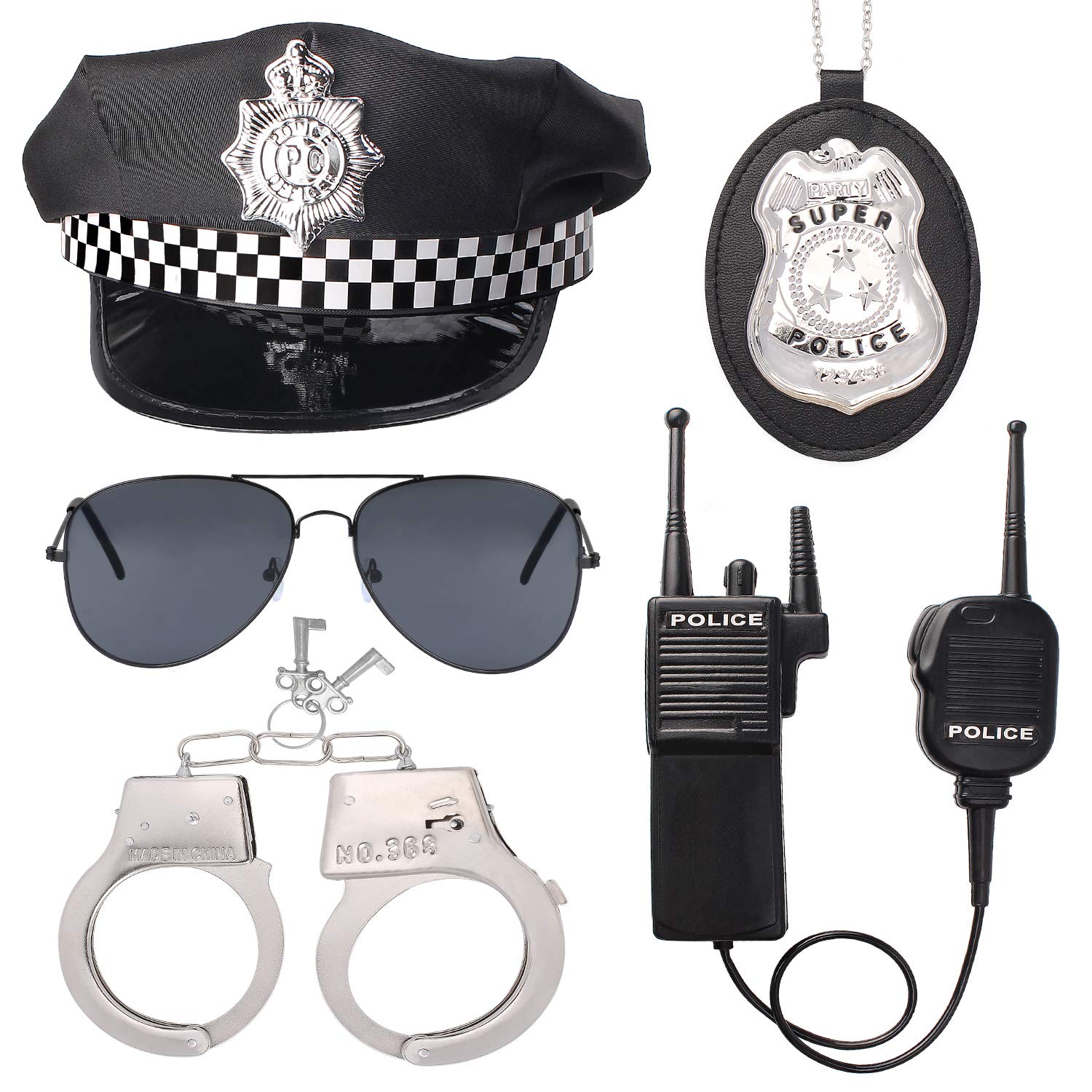 Beelittle Police Costume Set for Kids - Hat, Handcuffs, Walkie Talkie, Badge & Sunglasses - Perfect for Halloween Dress Up, Role Play & Pretend Play Party