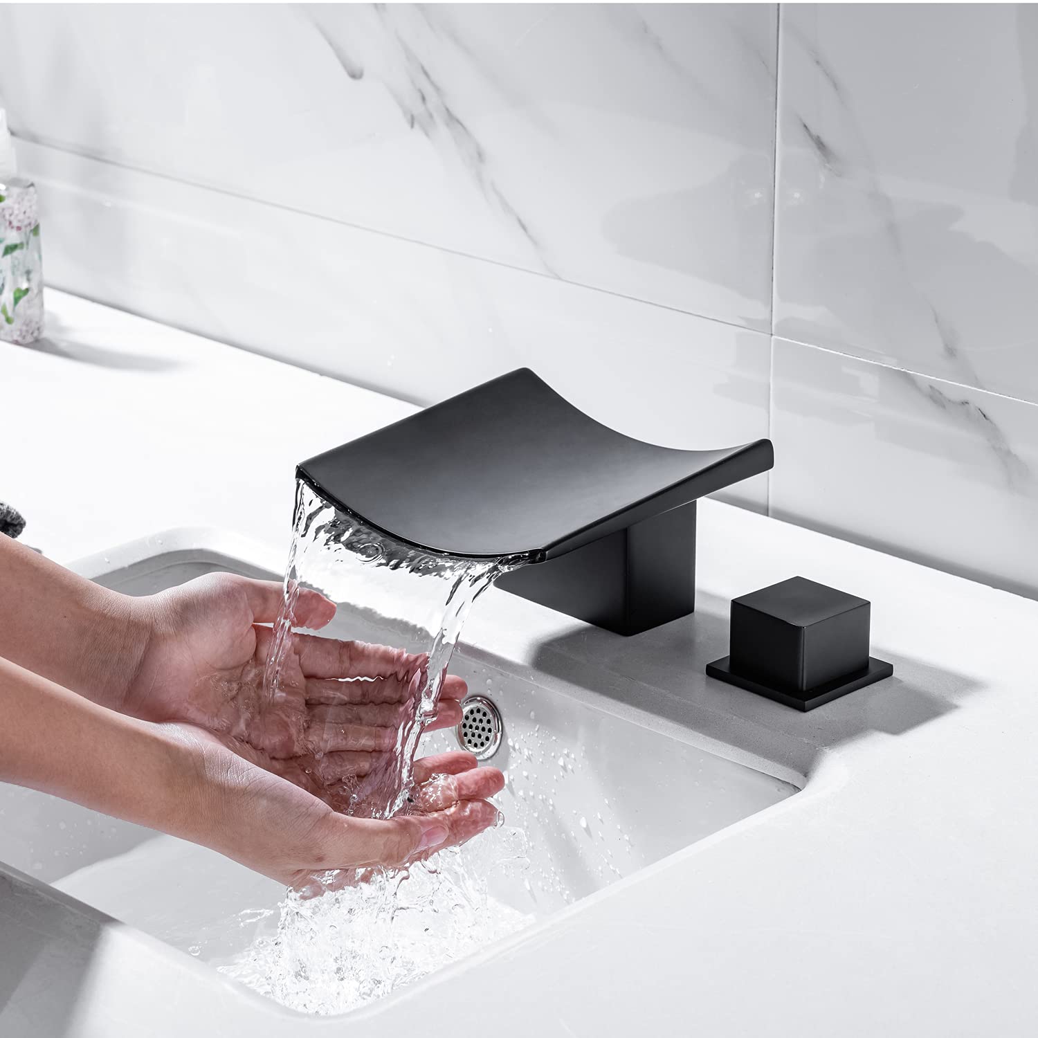 Modern Matte Black Bathroom Faucet - 3 Hole Widespread Dual Handle Brass Basin Mixer Tap with Supply Hoses - Waterfall Spout Design for Vanity Sink - Perfect for Contemporary Bathrooms & Powder Rooms