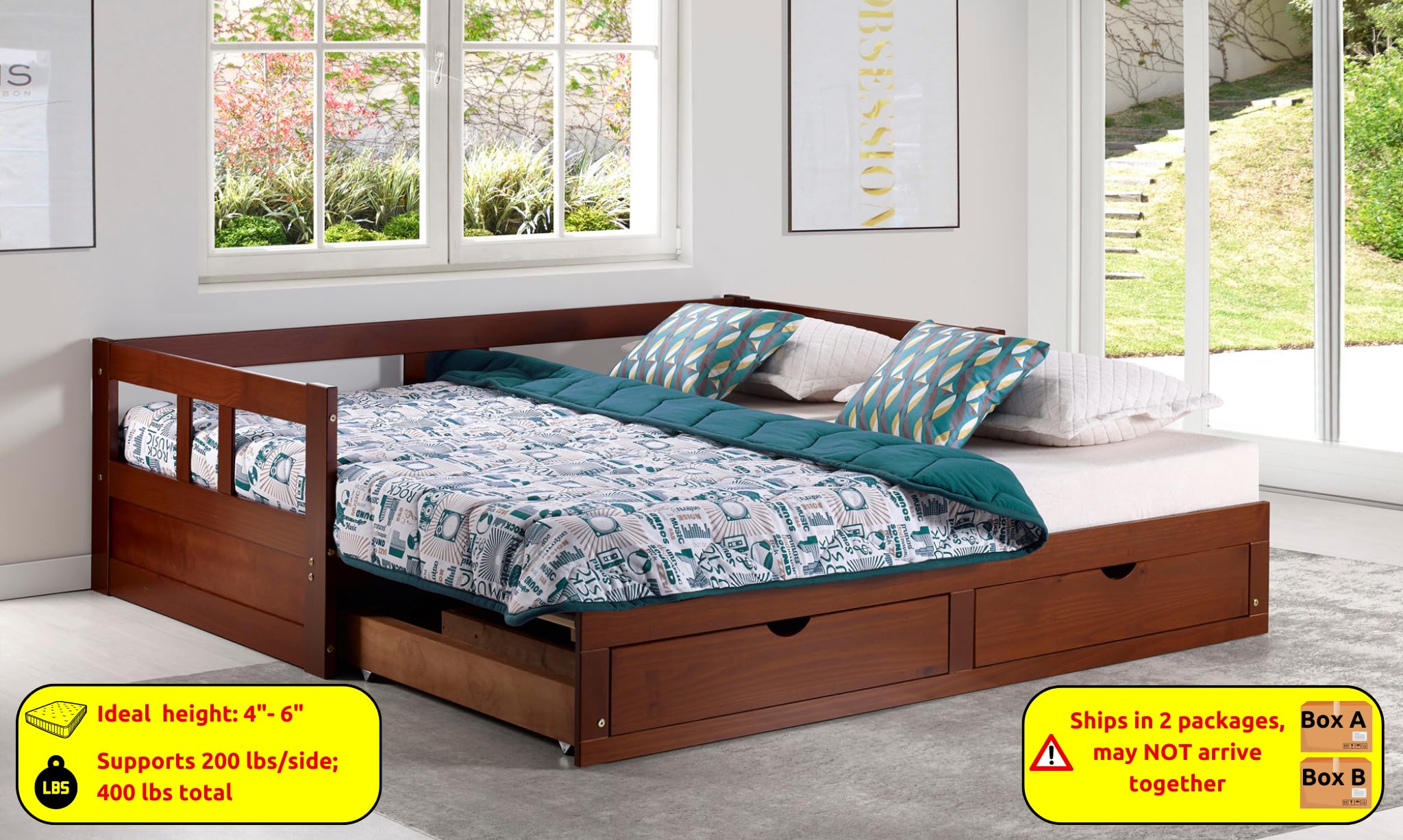 Alaterre Furniture Melody Extendable Daybed Frame with Trundle & Storage Drawers - King Size Brazilian Pine Wood Bed for Kids Bedroom - 200 lb Weight Capacity - Multiple Finish Options - Perfect for Guest Rooms, Dormitories & Small Spaces