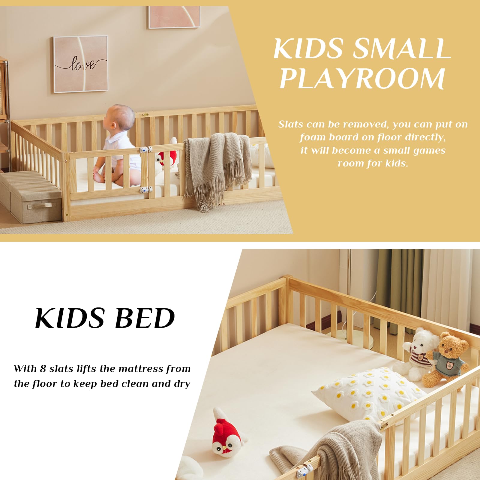 Montessori Toddler Floor Bed with Door & Safety Fence - Solid Wood Queen Size Kids Bed Frame with 12 Slats & Guardrails for Boys & Girls (Natural) - Perfect for Montessori Bedrooms, Safe Sleep Training & Child Independence Development