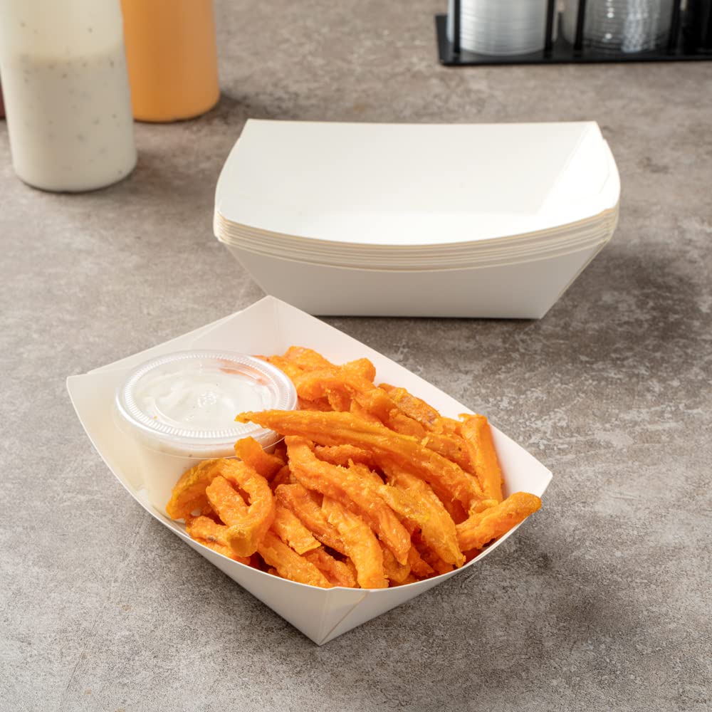 Restaurantware Bio Tek 1/2 Pound Disposable Paper Food Trays - 400 Heavy-Duty Greaseproof White Food Boats for Snacks, Appetizers, Treats | Perfect for Parties, Carnivals, Food Trucks & Catering Events