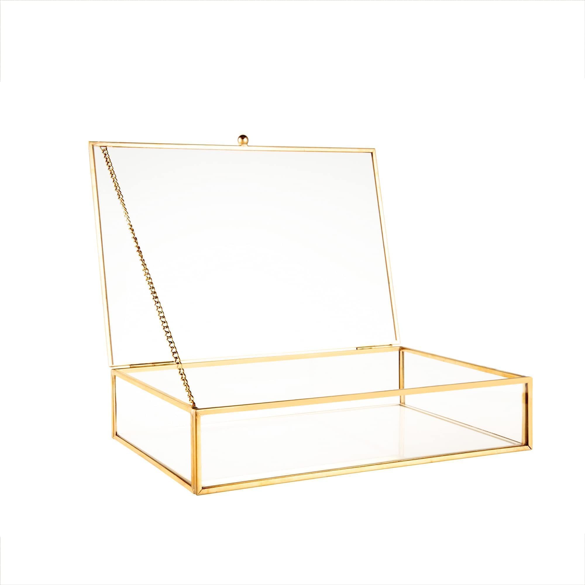 Feyarl Gold Glass Jewelry Box - 5x7 Photo Card Organizer with Lid - Decorative Keepsake Storage Case for Rings, Necklaces & Small Treasures - Perfect for Home Decor, Gift Wrapping & Vanity Display (8.66 x 5.9 x 1.96 Inches)