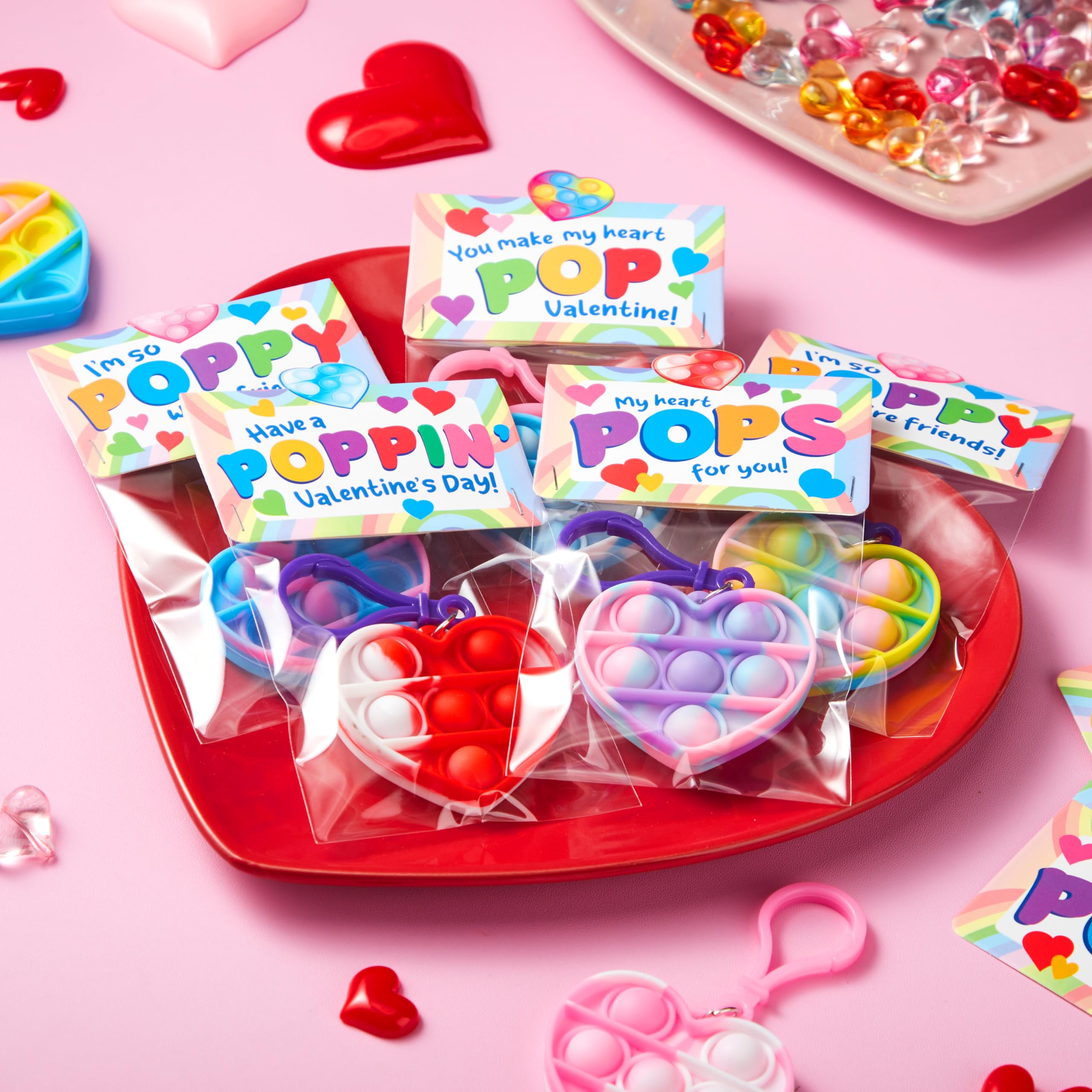 JOYIN 30 Pack Heart Pop Bubble Keychain Gift Cards with Mini Pop Squeeze Toys - Stress Relief Fidget Toys for Kids, Party Favors, Classroom Exchange & Game Prizes - Perfect for Birthday Gifts, School Rewards and Anxiety Relief
