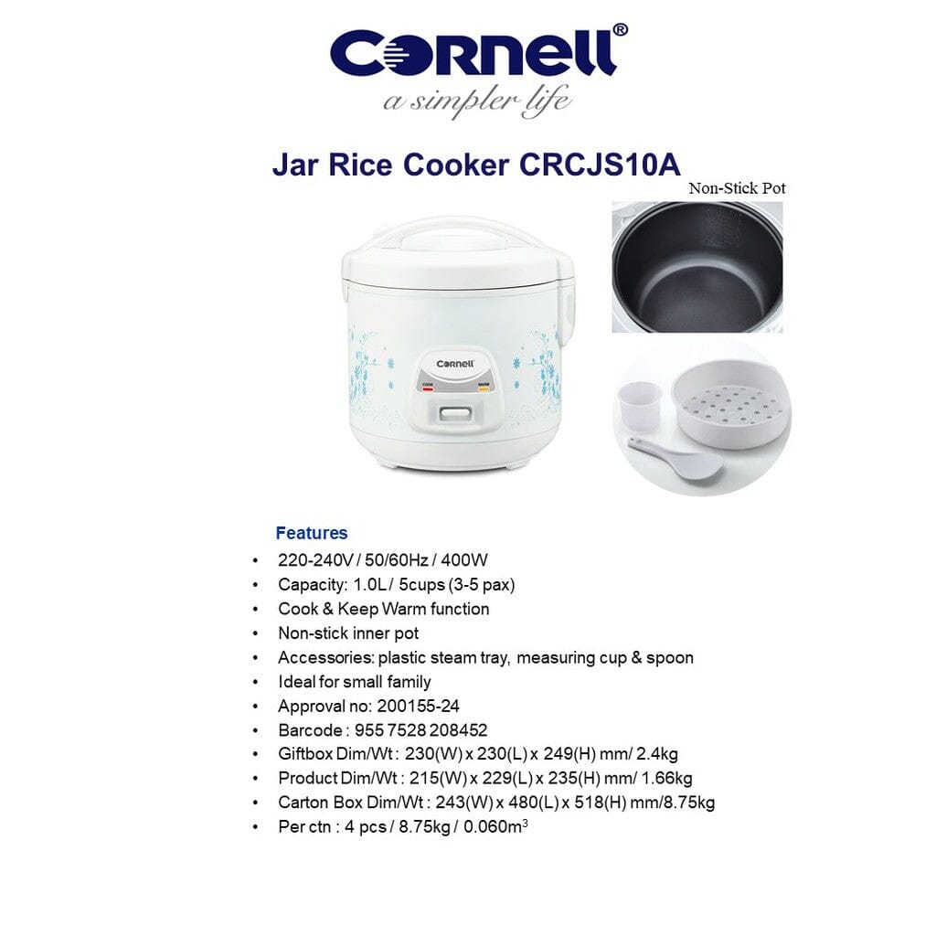 Cornell 1.0L Jar Rice Cooker CRCJS10A - Compact Electric Rice Steamer for Perfect White, Brown & Sushi Rice - Ideal for Dorms, Small Kitchens & Camping
