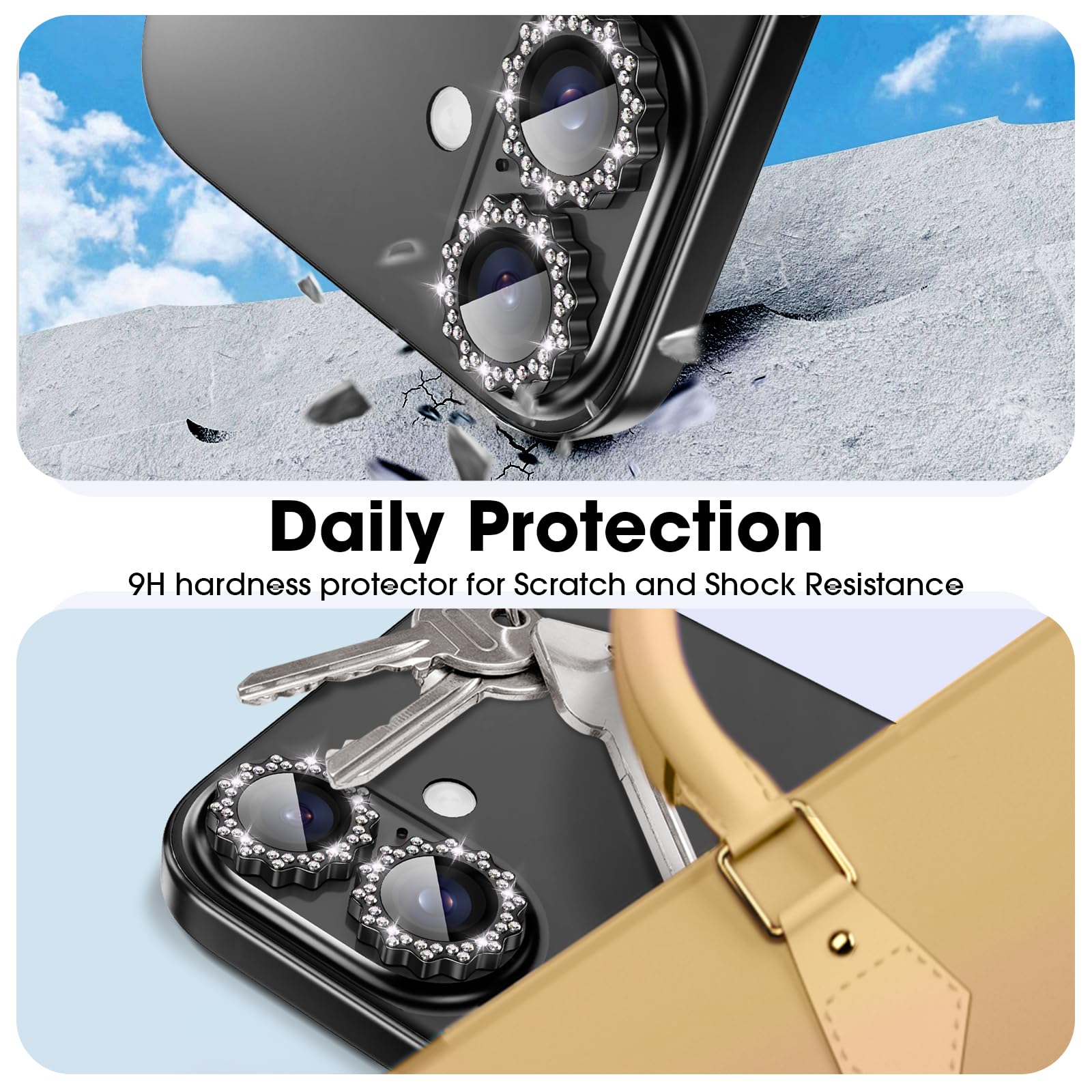 Xfilm iPhone 16/16 Plus Camera Lens Protector - 9H Hardness Scratchproof Cover with Diamond Ring Sun Design | Stylish & Case Friendly Phone Accessories | Perfect for Outdoor Photography, Travel & Daily Protection (Black)