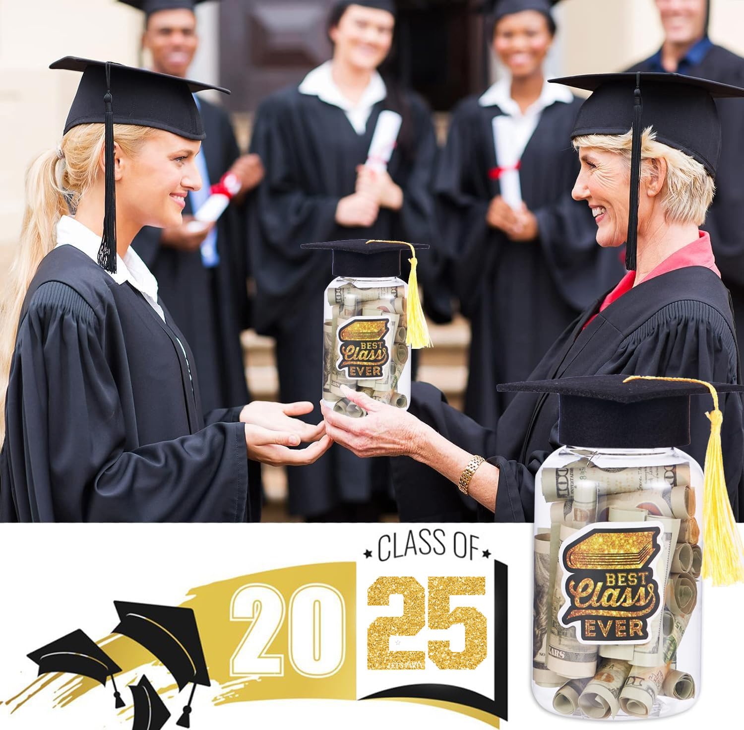 8 Pcs Graduation Jar Decorations with LED Lights - Class of 2025 Graduation Party Decor Set with Gratitude Jars, Graduation Hats & Stickers - Perfect for Graduation Table Centerpieces, Dorm Room Decor & Celebration Gifts
